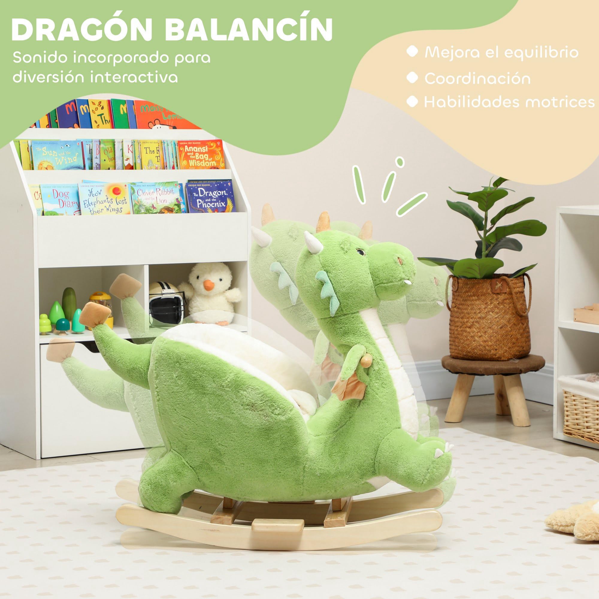 AIYAPLAY Caballito Balancín para Bebés con Sonido de Dragón, Caballo Balancín de Peluche con Base de Madera, Cinturón de Seguridad, para Niños de 18-36 Meses, Verde