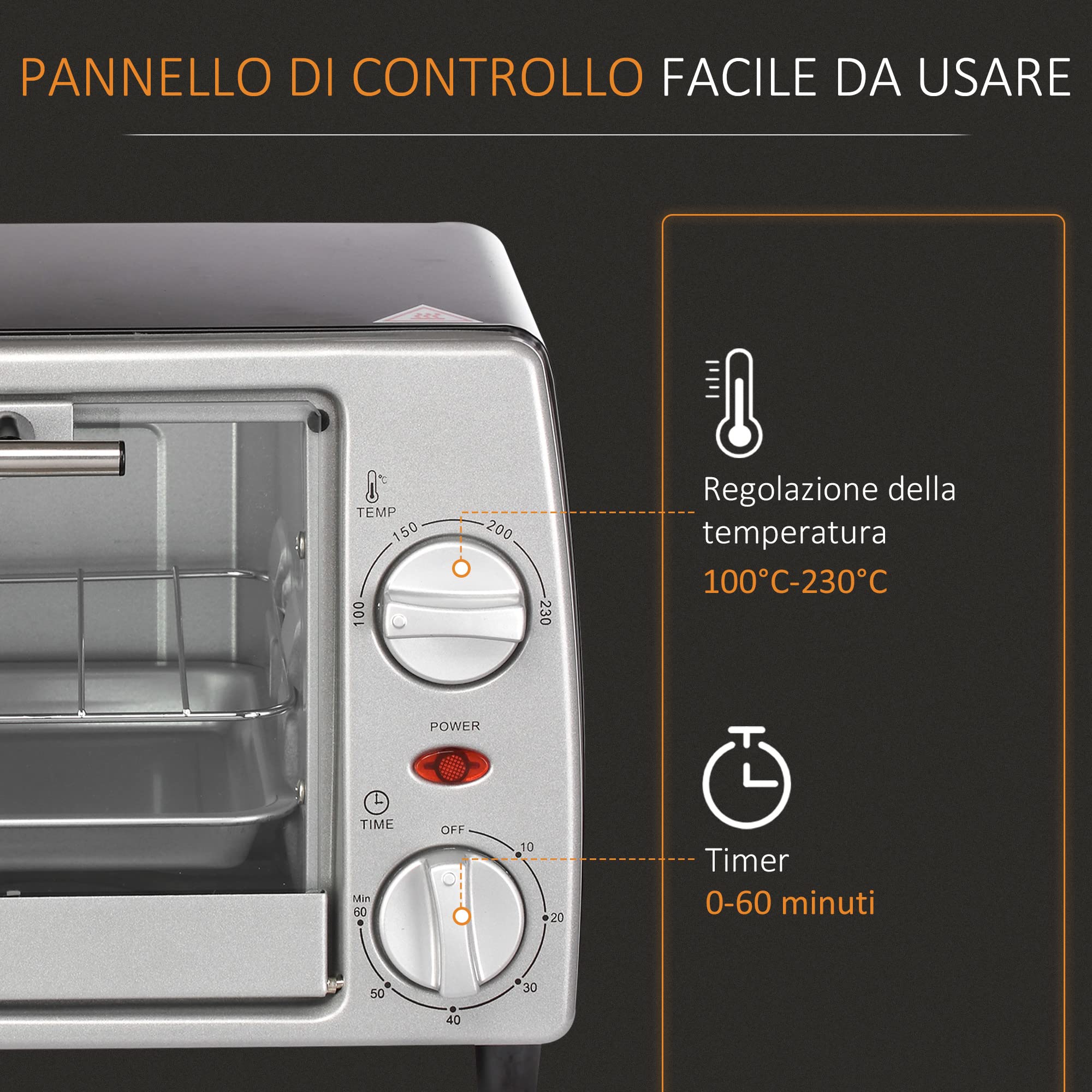 HOMCOM Fornetto Elettrico 10L 750W 36.5x26x22cm Argento Nero