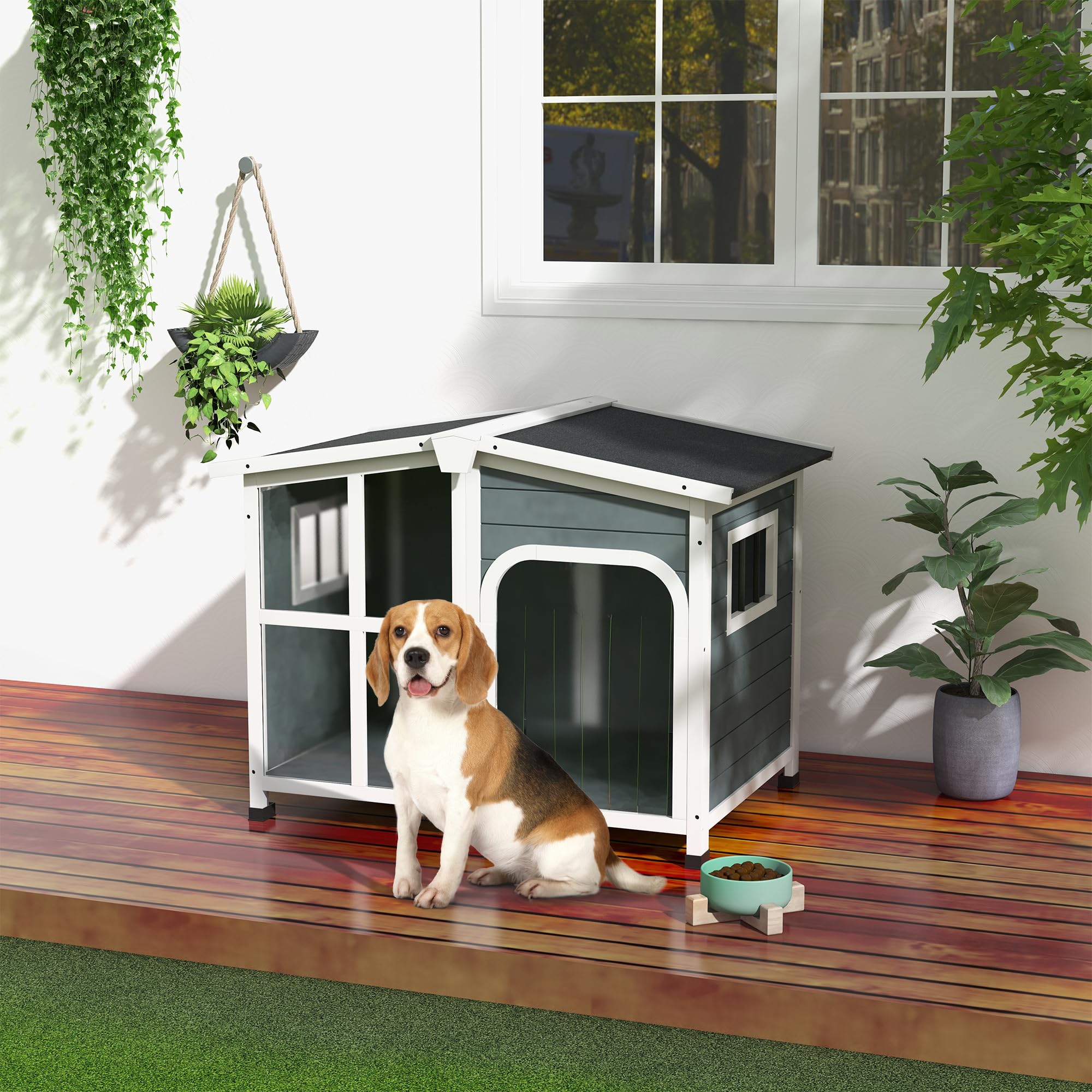 PawHut Außen-Holzhundehaus 101x66,5x70,5cm dunkelgrau | Hundehaus für mittelgroße Hunde bis 20 kg, Schutzdach, Fenster, öffenbares Dach