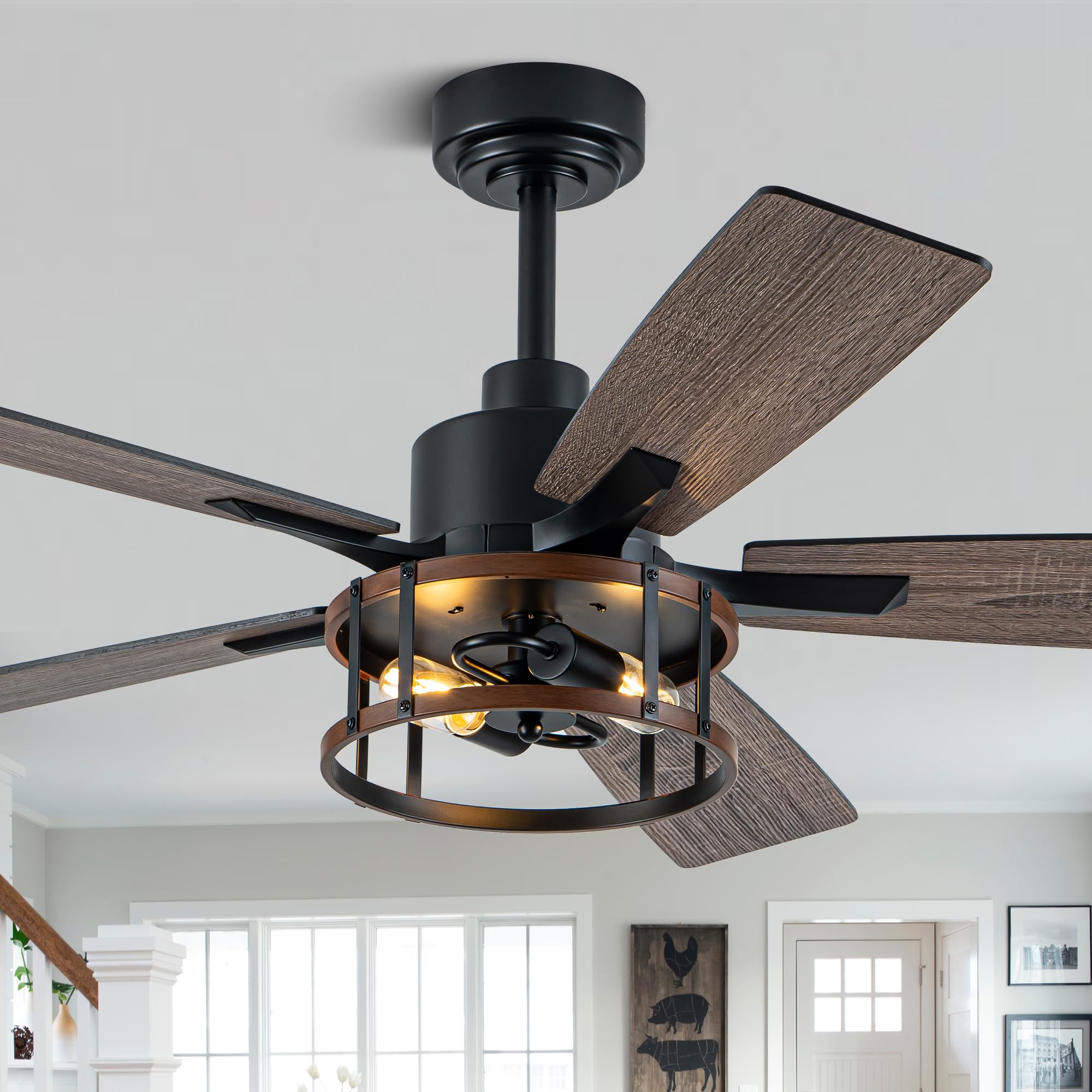 52'' Farmhouse Ceiling Fan with Light Rustic Caged Chandelier Fan