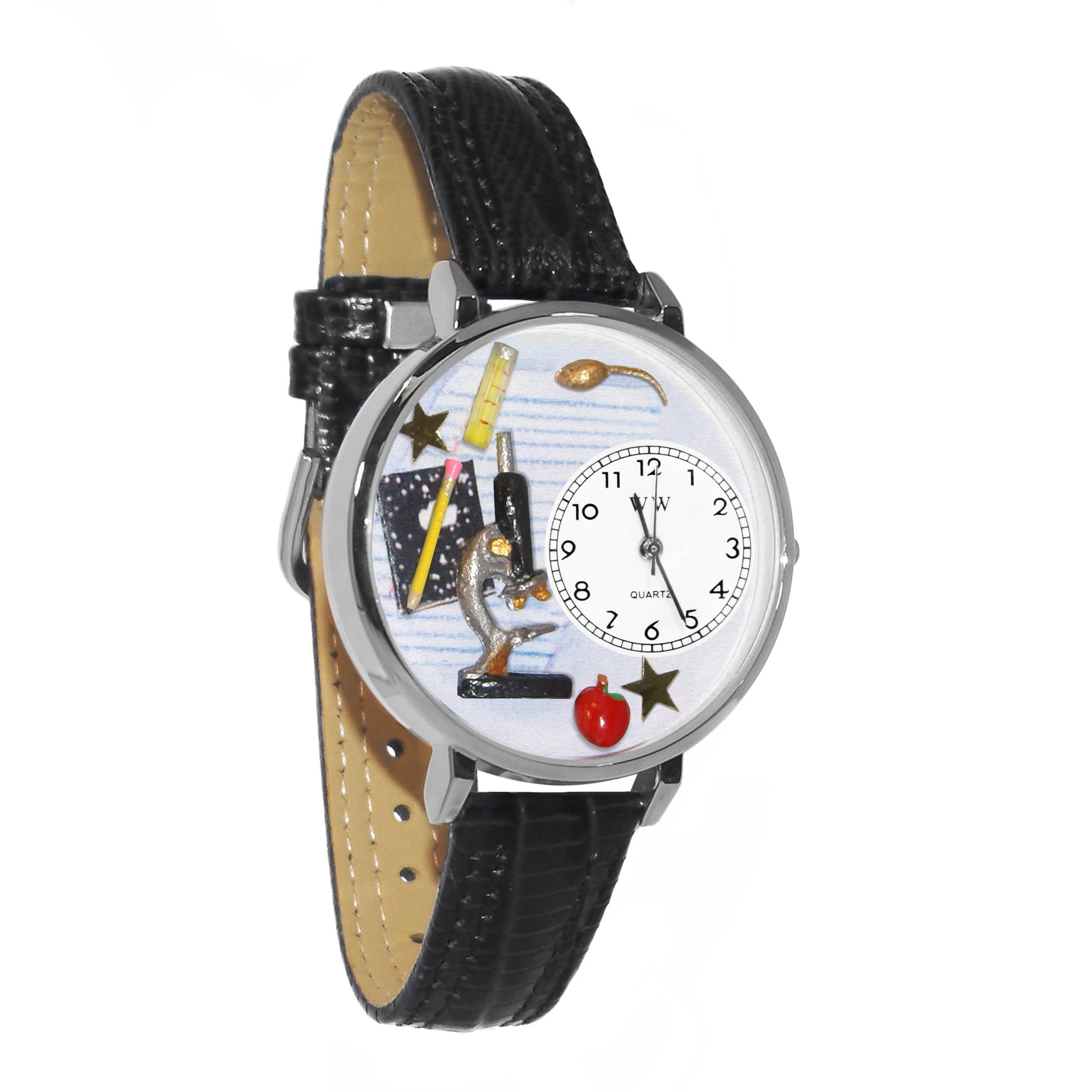 Whimsical Watches Science Teacher Burgundy Leather and Silvertone Unisex Quartz Watch with White Dial Analogue Display and Multicolour Leather Strap U-0640004