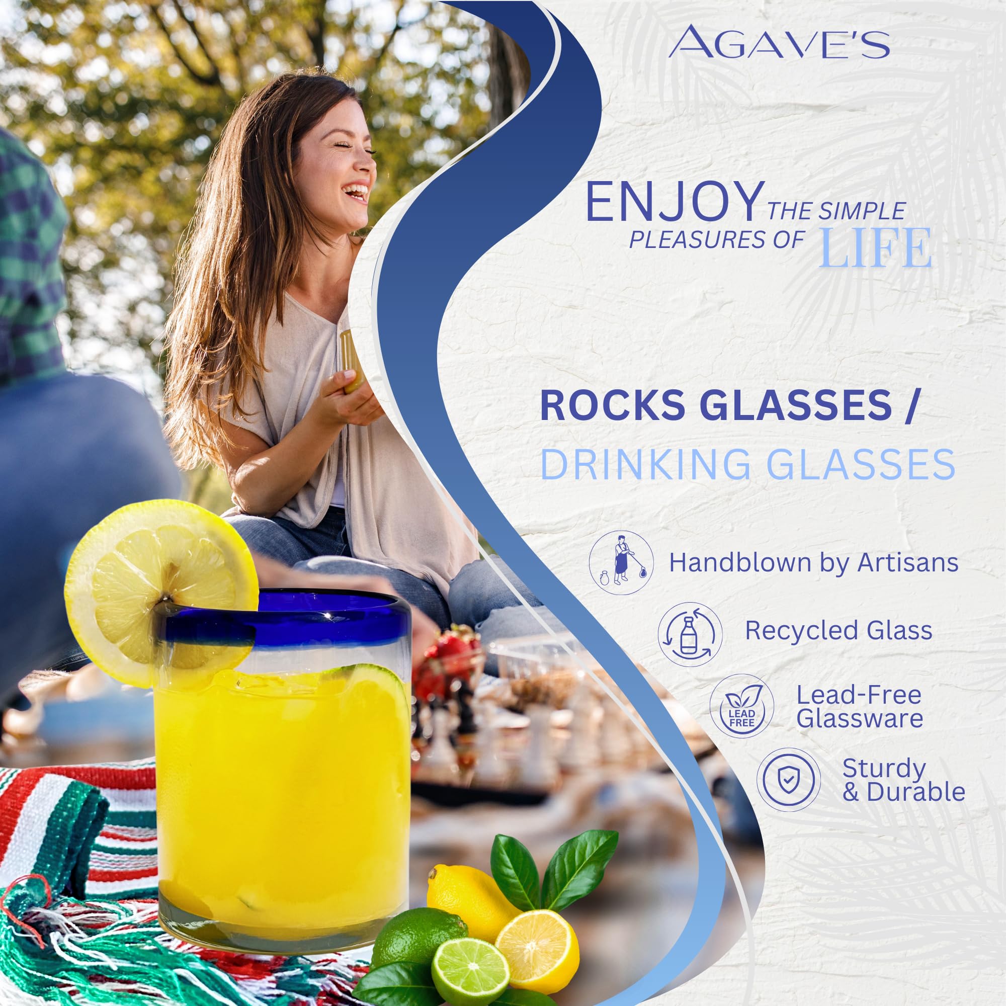 AGAVE'S GLASSWARE Juego de 6 vasos (10 onzas), vasos de cristal con borde azul cobalto, cristalería mexicana, cristalería azul cobalto, vasos de cóctel (borde azul cobalto, 10 onzas)