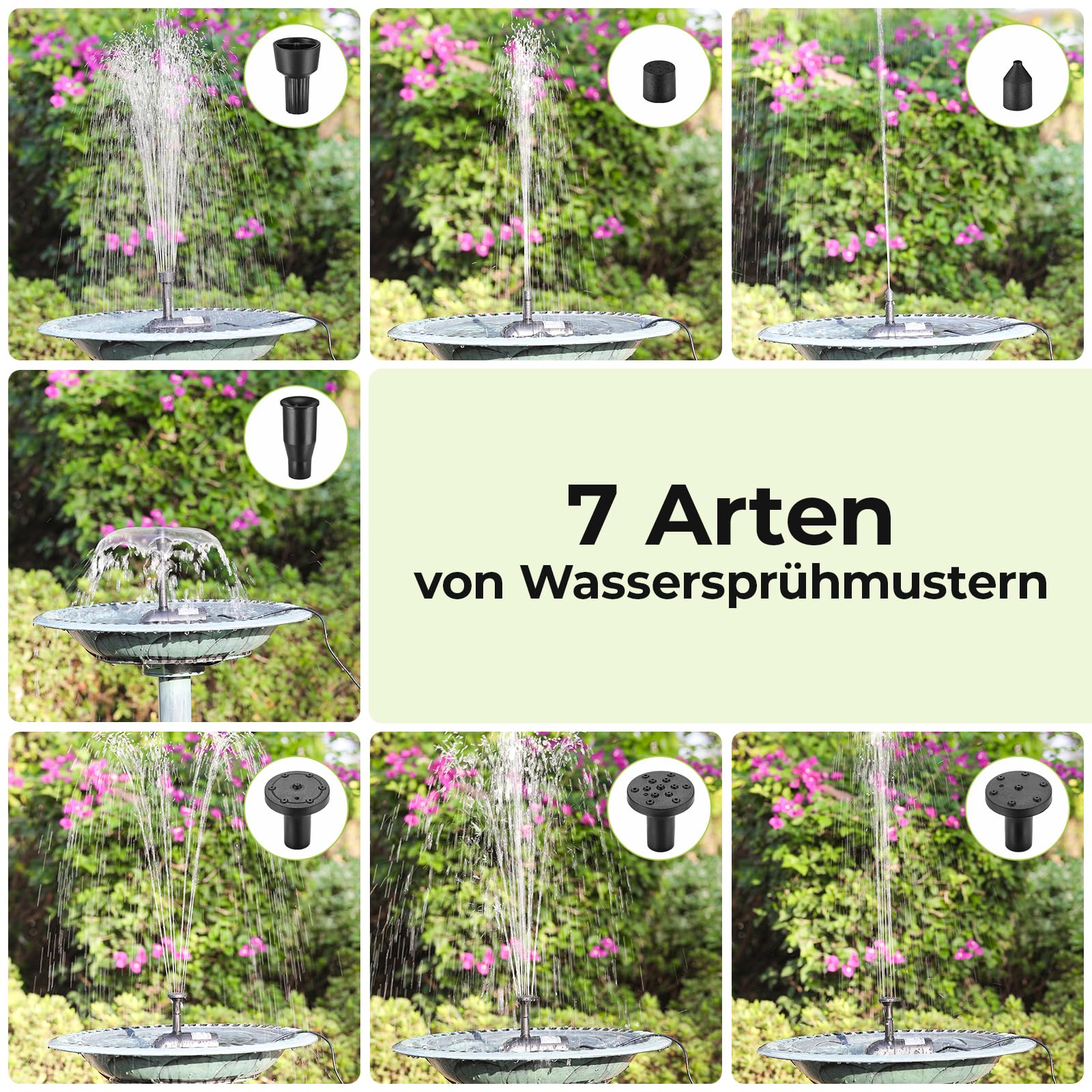 Clevich 35W Fontaine Solaire pour Bassin, 280 L/H,Max 220cm,pour Grands Bassins (8-15 m²),Panneau en Verre 100% avec Moteur sans Balais,4+4 Buses et 2Filtres,Câble de 5m,Kit Spécial Fontaine et Bassin - 4