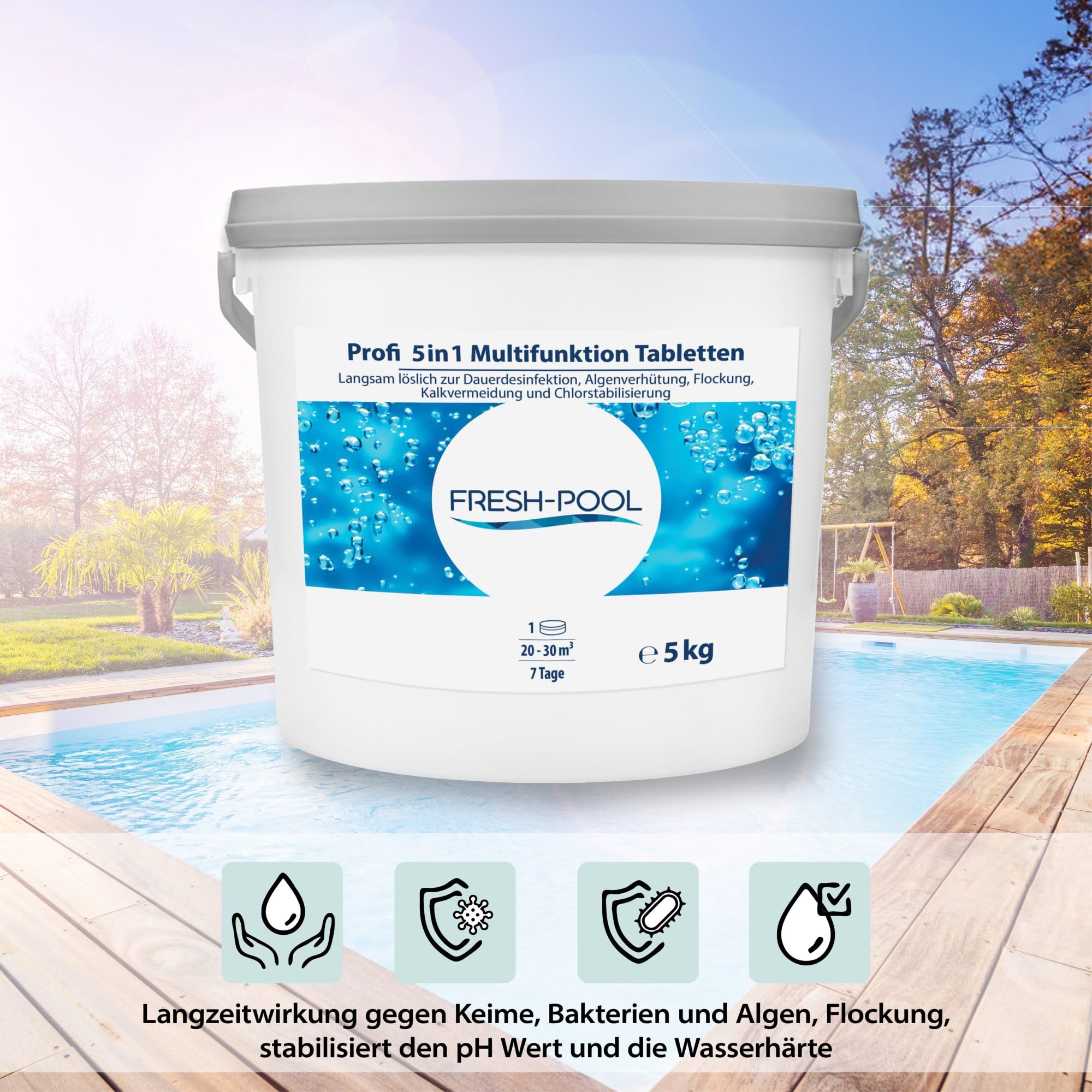 Fresh-Pool Profi 5in1 Multifunktion Tabletten 200g 5 kg - Chlortabletten für Pool mit Algizid und Flockung | Multifunktionstabletten Pool | Multitabs 5 in 1 200g | Chlortabs/Multitabs Pool 200g