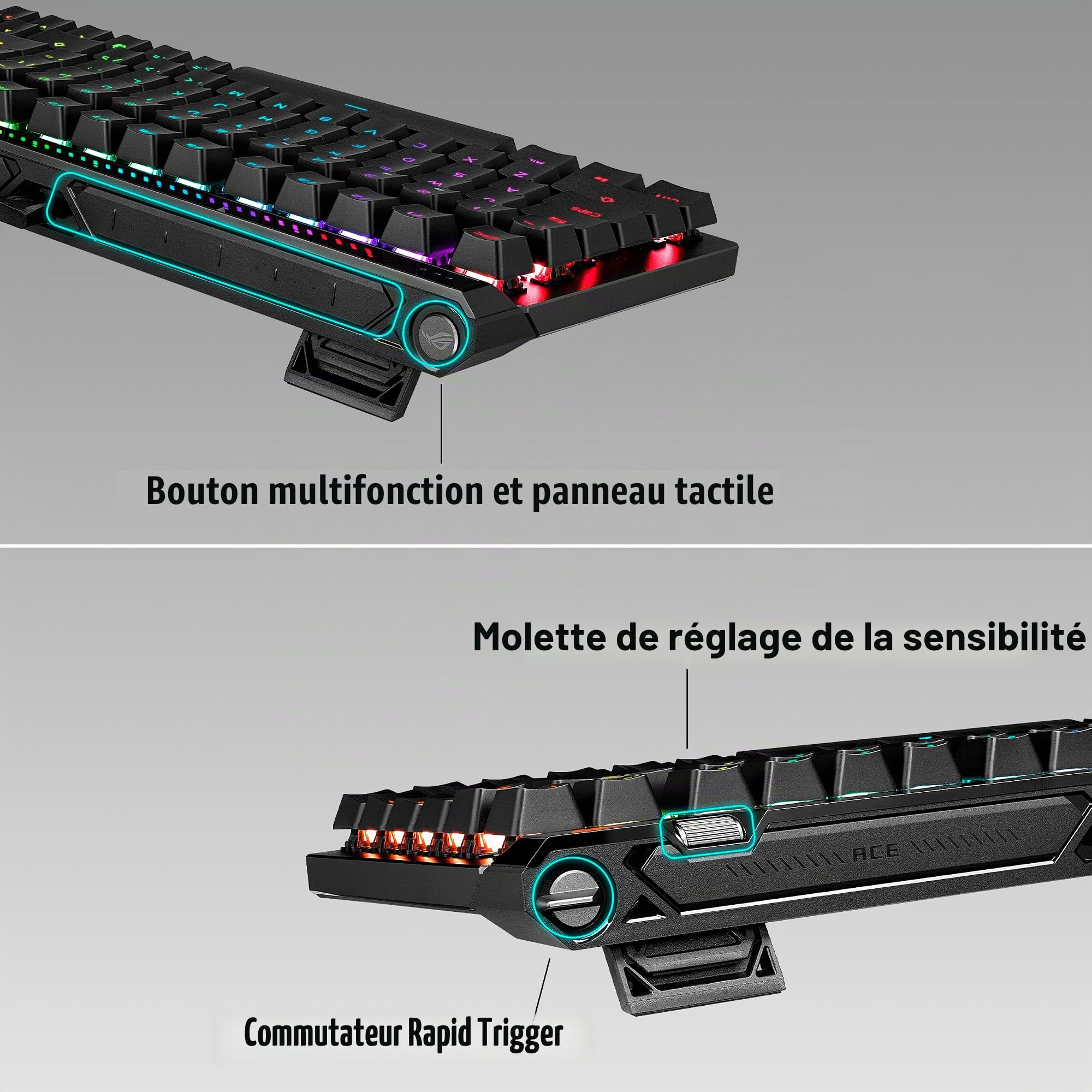 ASUS ROG Falchion Ace 75 HE - Clavier Gaming avec switches magnétiques ROG HFX V2 Hot-Swap, Rapid Trigger, molette de sensibilité, 8K Polling Rate, Amortissement à 6 Couches, AZERTY