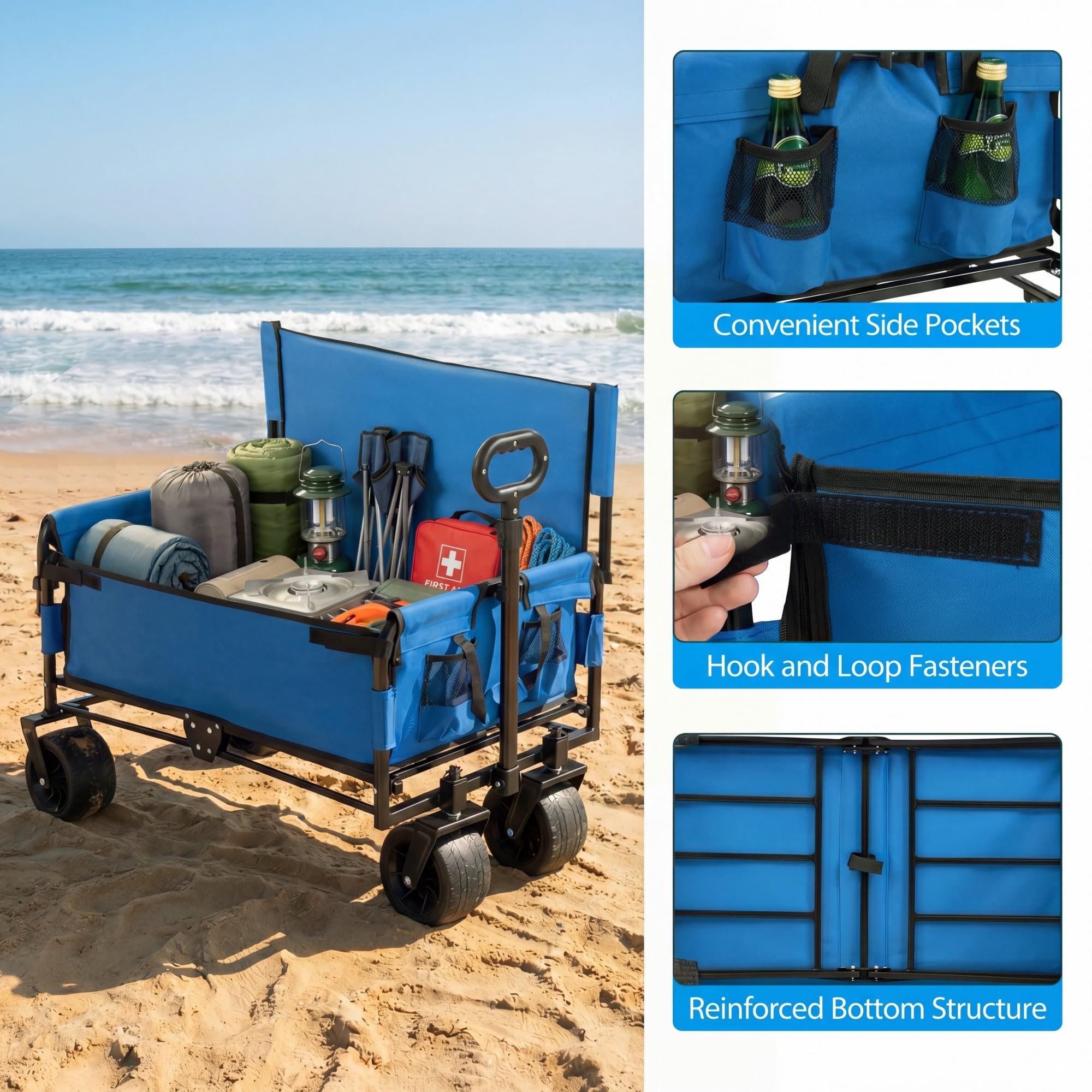 SOARS 2 in 1 Carrello Spiaggia con Seduta, Carretto Pieghevole con Ruote Grandi e Cuscini Morbidi, Carrello da Campeggio, Giardino e Pesca, in Acciao Resistente, Chiusura Rapida, 80 KG, 85L (Blu)