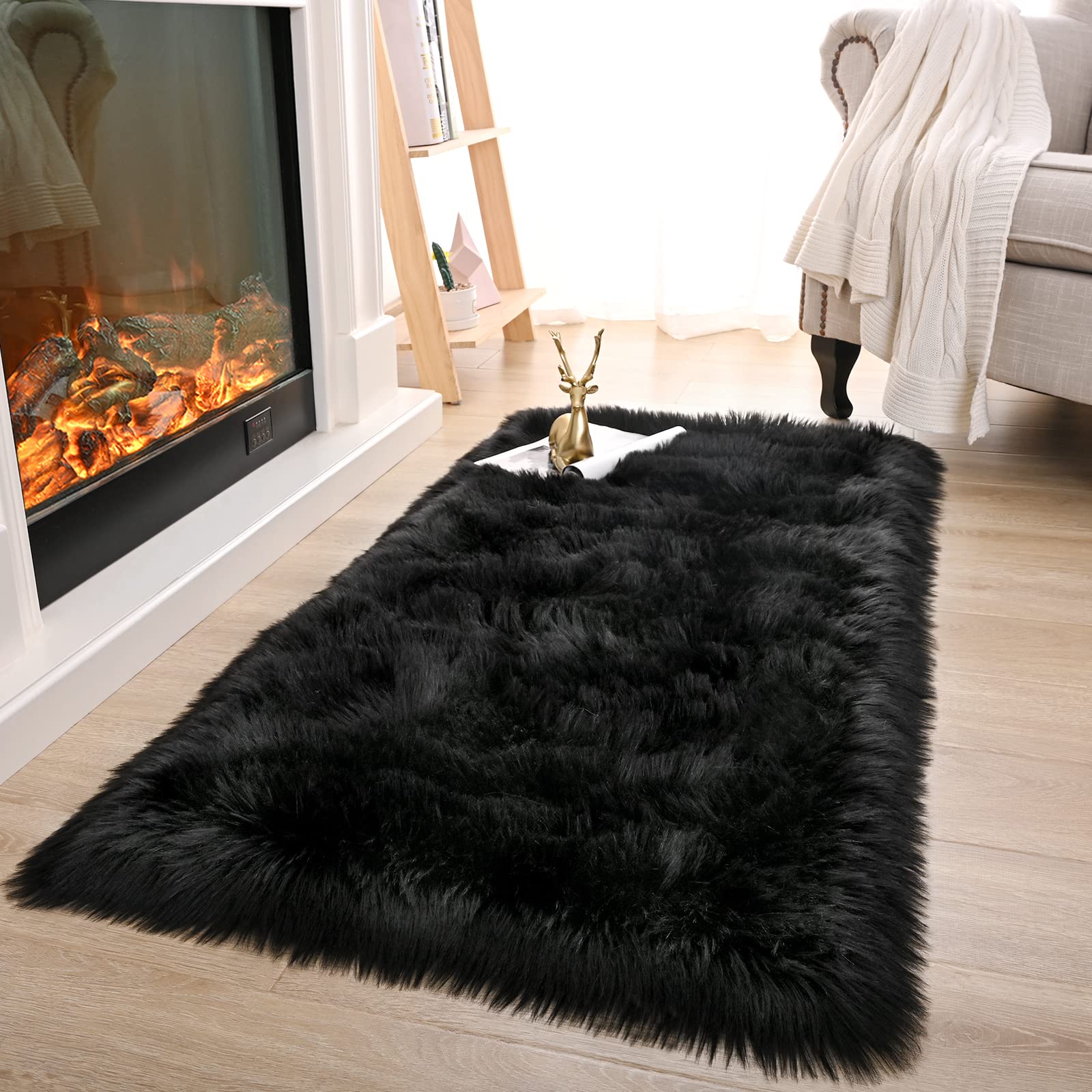 VaryCarryVasofe Soft Shaggy Faux Fur Sheepskin Area Rugs for Bedroom Carpet Nursery Floor Mats Sofa-Home Decor Fluffy Chair Cover Seat 2ft x 3ft,Black