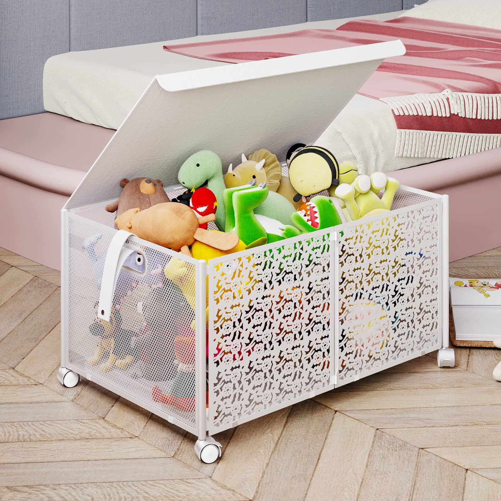 Caja de Almacenamiento de Juguetes Grande con Tapa, Organizador de Juguetes Plegable de Metal con Ruedas para Niños y Niñas, Ropa, Libros, Guardería, Felpa (#4)