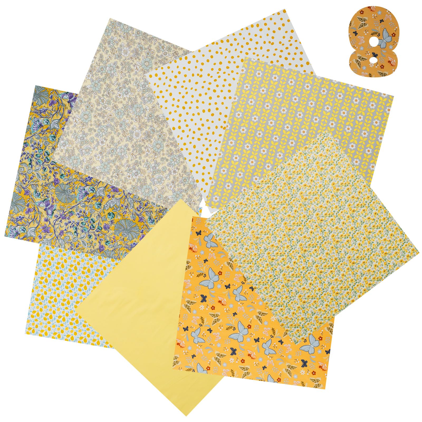 8Pcs Fat Quarters Fabric Bundles, 50x50cm Precut Cotton Quilting Fabric Sheet for Quilting Projects,Soft Natural Material for Sewing, DIY Crafts, Patchwork, Home Decor ﻿(Yellow)