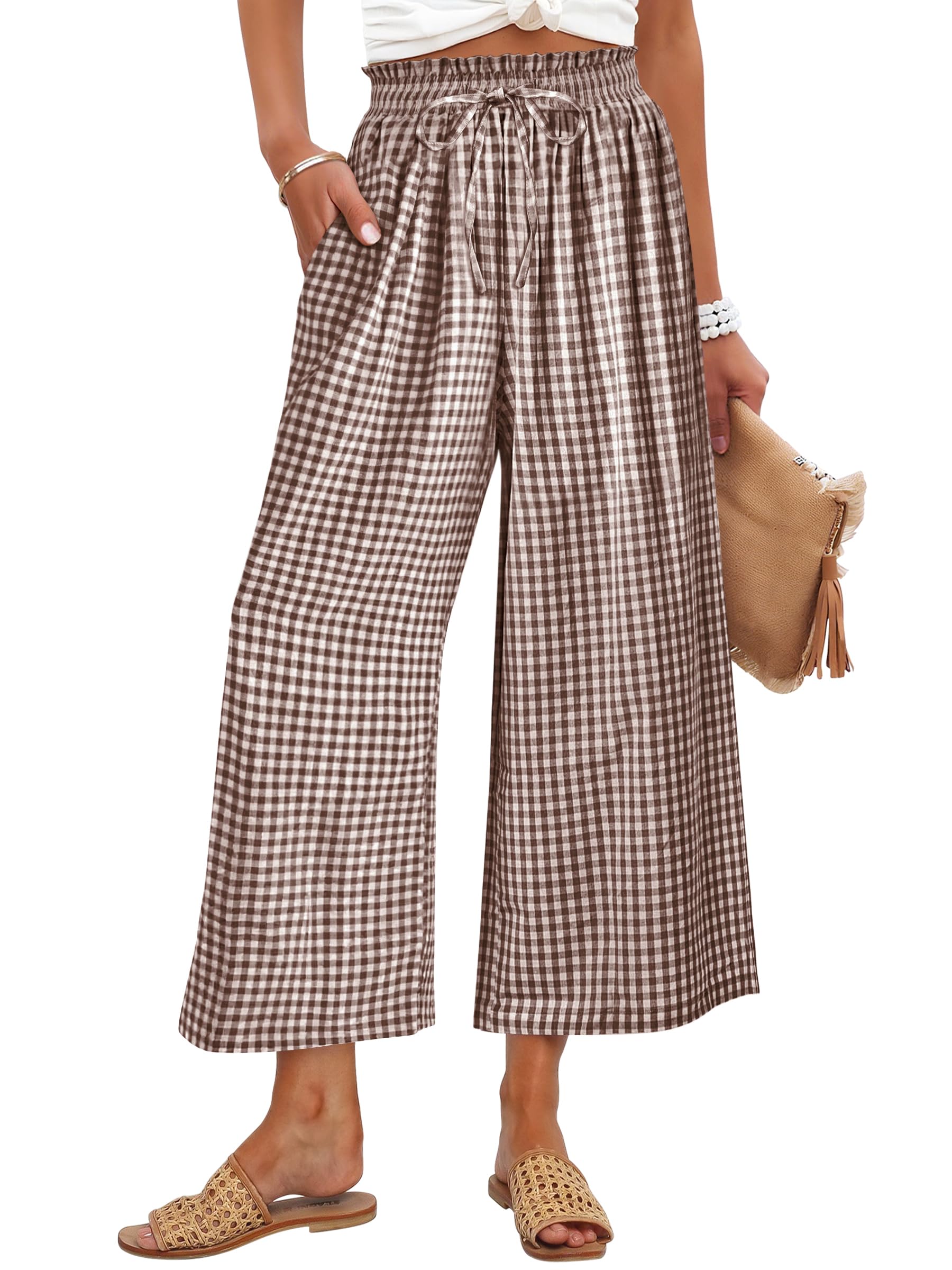 ANRABESS Womens Striped Gingham Palazzo Capri Pants Pajama Wide Leg Lounge Trousers Plaid Cute Crop PJ Bottoms with