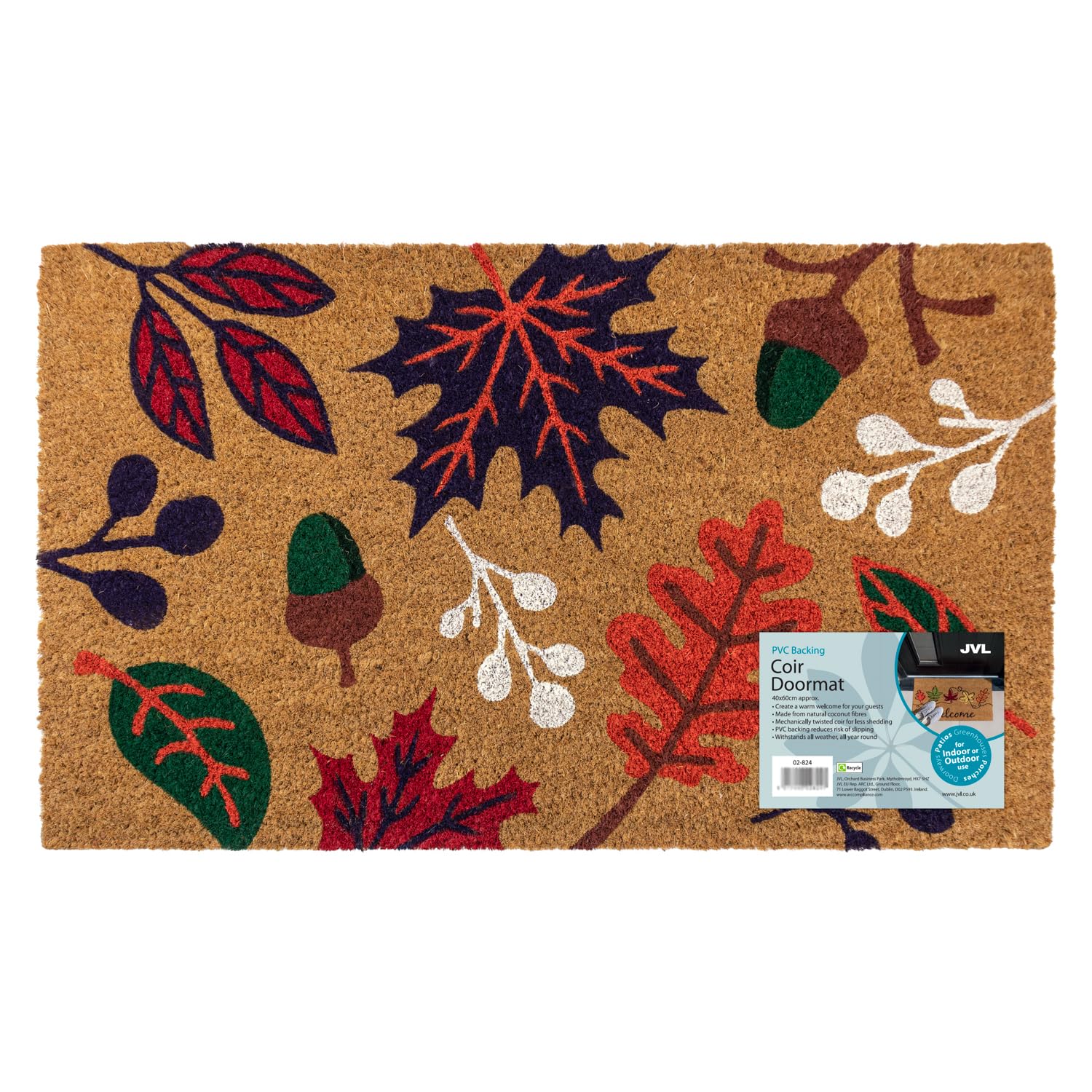 JVL PVC Backed Coir Doormat 45x75cm Acorns Leaves Welcome Door Mat โ image 1
