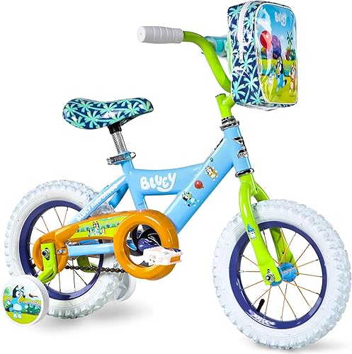 Bluey - Bicicleta infantil de 12 pulgadas de Dynacraft para niños y niñas con ruedas de entrenamiento, freno de posavasos, marco resistente, fácil