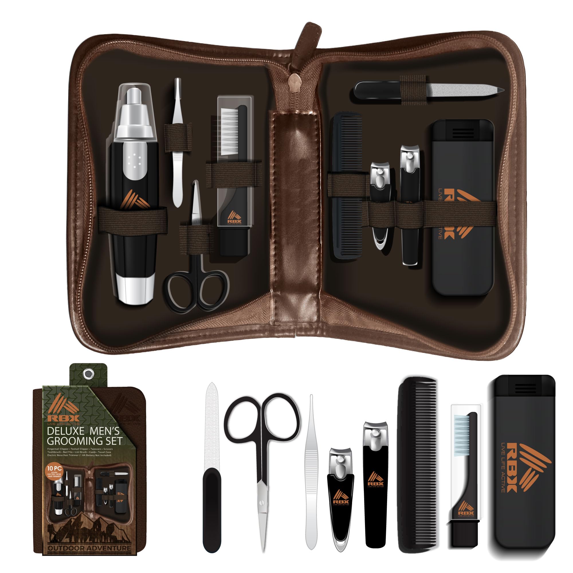 RBX Nail Clipper Set for Men, 10 Pcs Deluxe Grooming Kit for Men