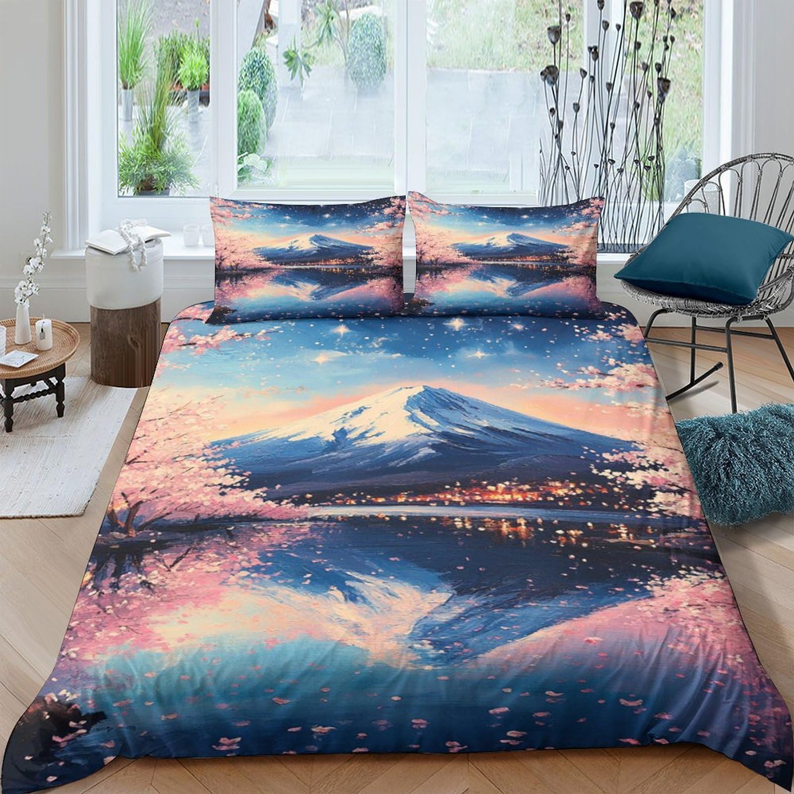 Ctjqhvkz Style-9 3D Printed Mount Fuji Sunset Fitted Sheet Microfiber Soft Breathable Lake Reflection Mattress Cover Bedroom Decor Single（135X200cm）