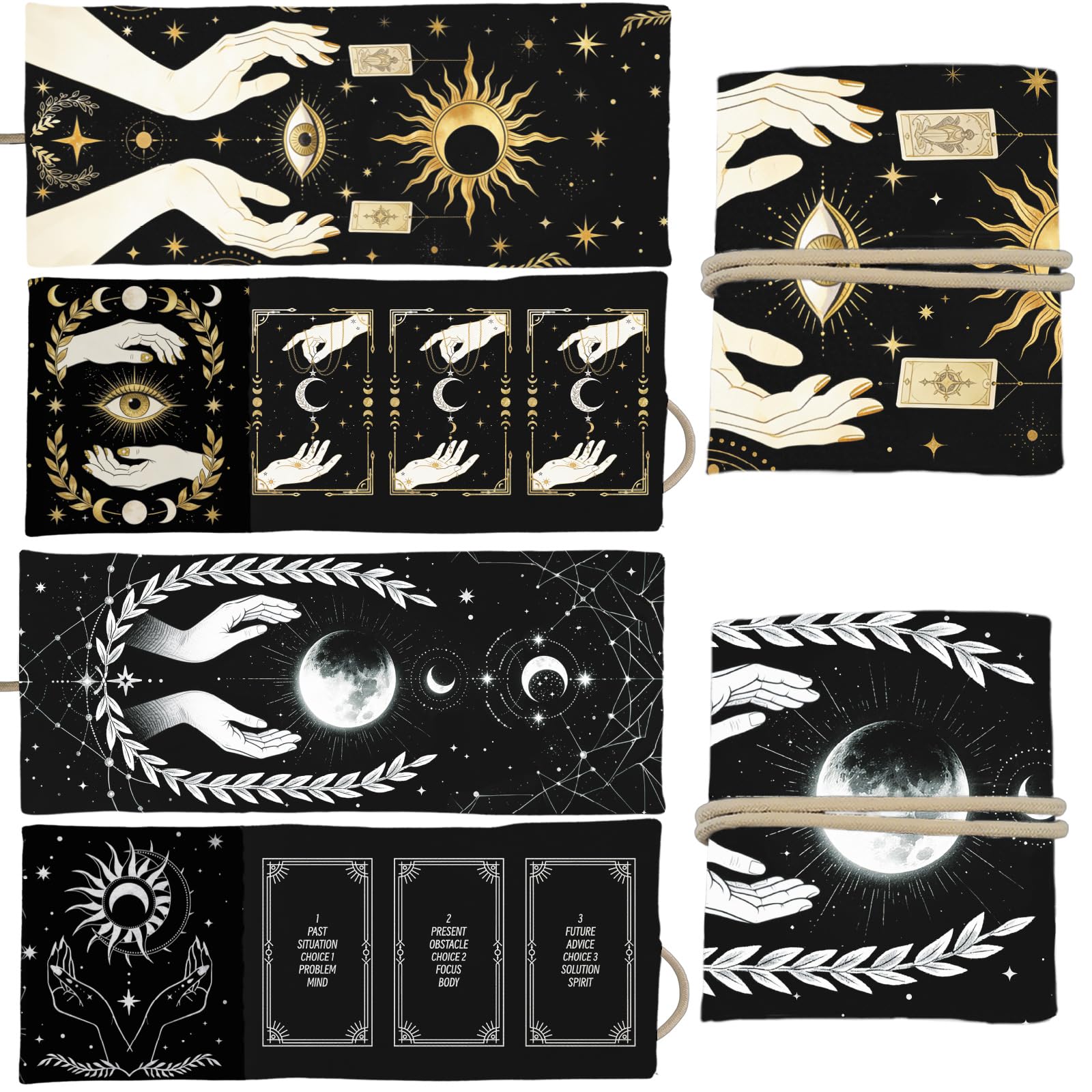 GLOBLELAND 2 Pcs Hands Tarot Card Holder Golden Moons Phase Polyester Tarot Magic Divination Bag Magic Eyes Leaf Vines Large Storage Pouch Accessories for Playing Cards and Tarots