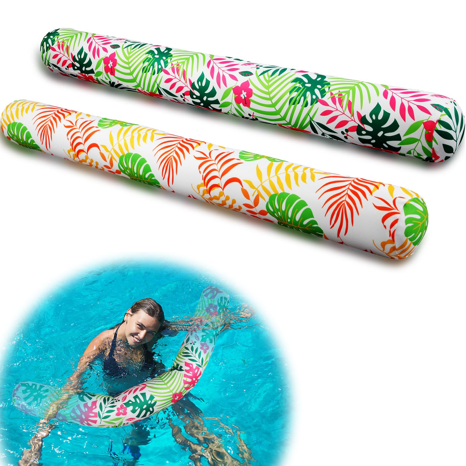 Soulchen 2 Pack Inflatable Pool Noodles Soft Fabric Covered 54'' Large Swim Noodles for Adults Hawaii Tropical Palm Leaves Premium Buoyancy for Pool