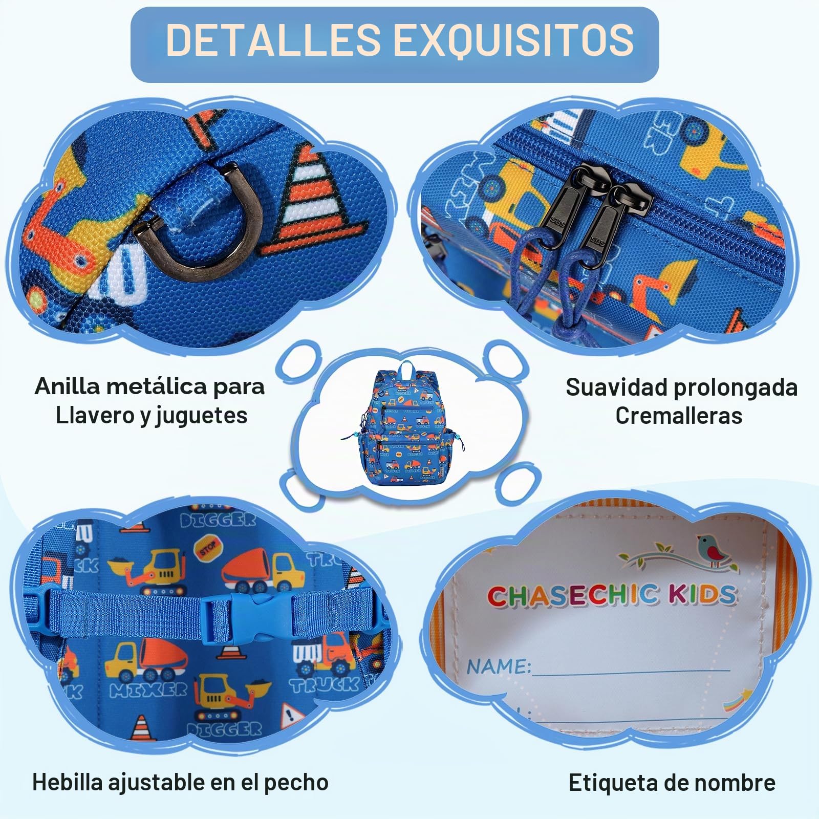 Chase Chic Mochila Escolar Niño Azul Celeste Construcción 5-9 Años - Tamaño Mediano 13L (Apto A4) Resistente al Agua Ergonómica para Primaria