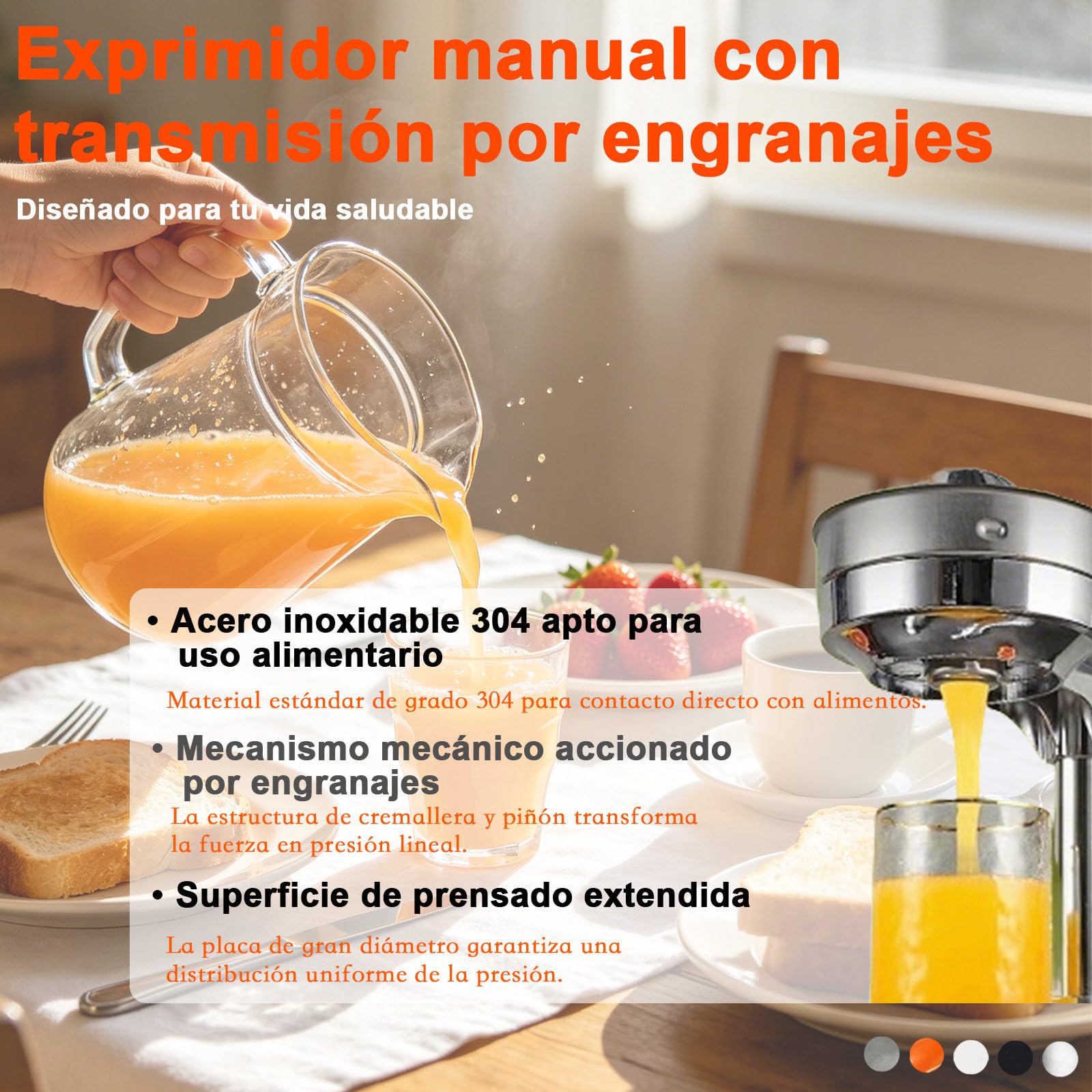 Exprimidor Manual con Engranajes, Prensa de Naranjas de Cremallera y Pinon, Prensa de Frutas con Accion de Palanca para Presion Lineal Blanco-Cabezapuntiaguda