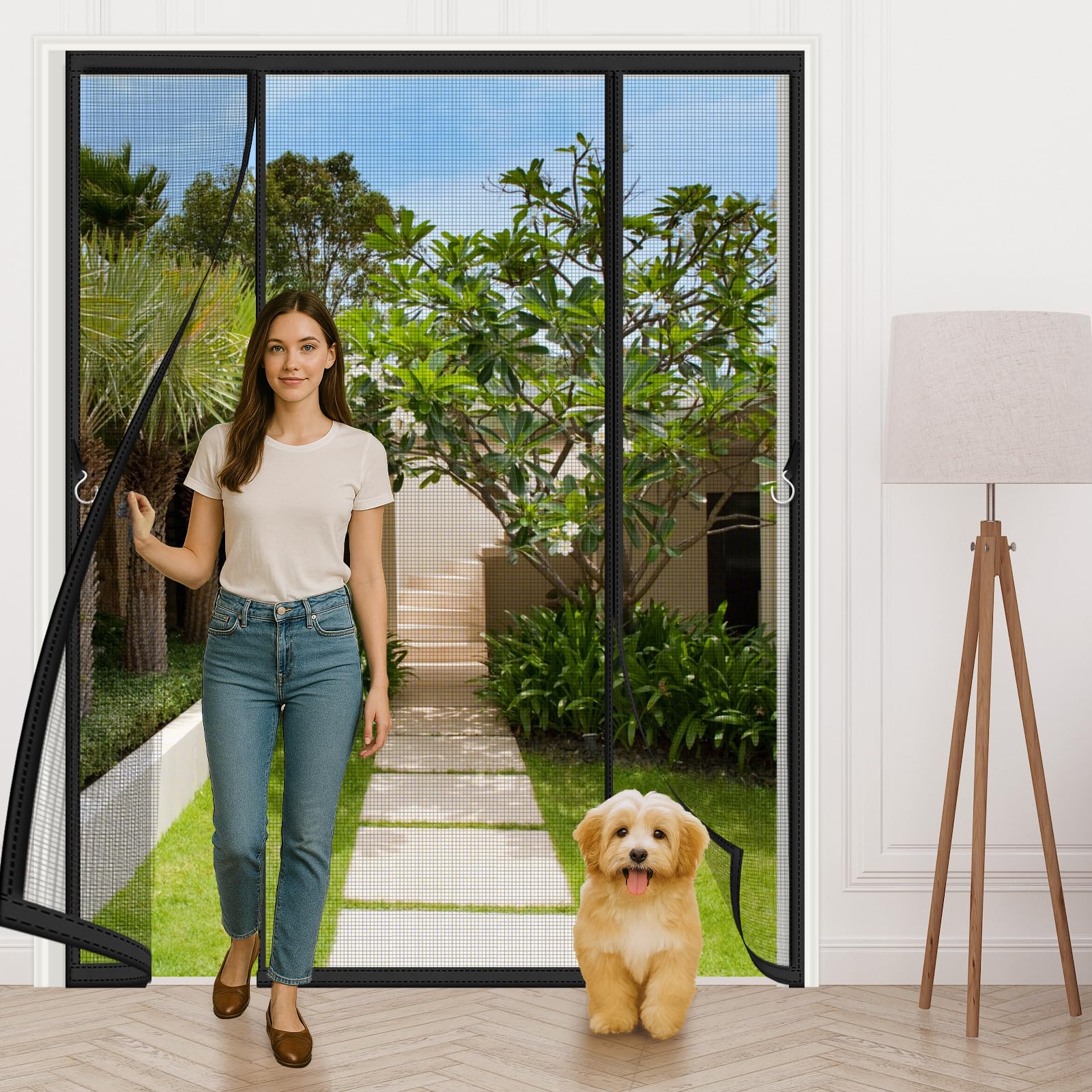 Magnetic Fly Screen for Double Doors 170x205cm,Heavy Duty Self-Closing Full Frame Mesh with Insect Proof & No-Tools Hook & Loop Installation for Patio Sliding French Doors, Black
