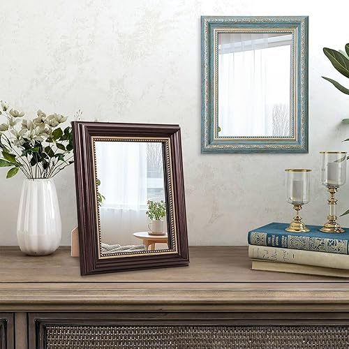 Miniatura 4 de Espejo de maquillaje con marco de madera rústica vintage, rectangular, espejo de pie pequeño para mesa, encimera, dormitorio, baño, sala de estar