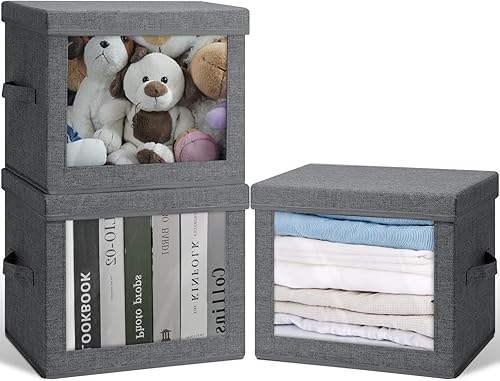 Miniatura 8 de Contenedores de almacenamiento plegables grandes con tapas, paquete de 3 cajas de almacenamiento plegables transparentes con asas, cubos de