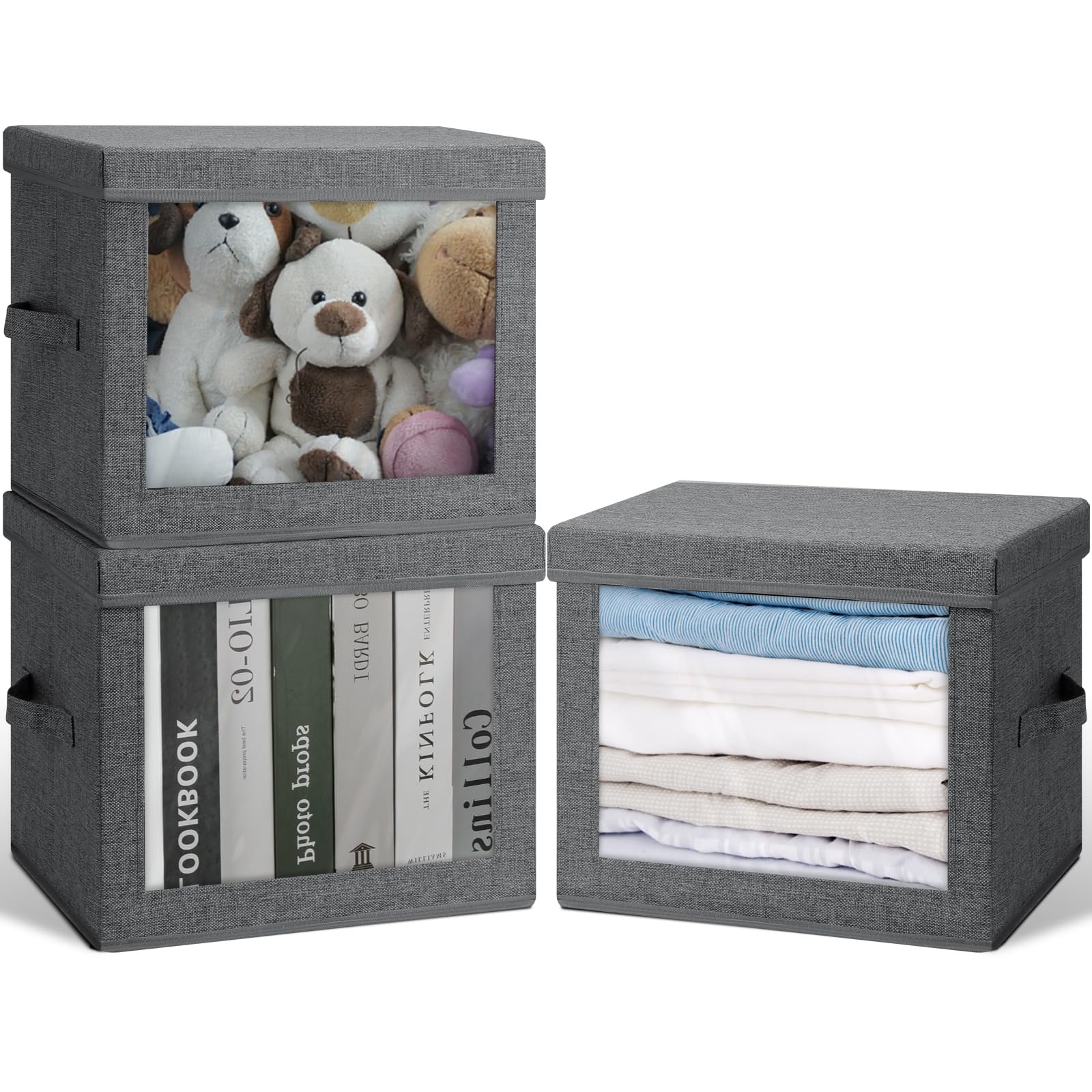 Bellzacasa Large Collapsible Storage Bins with Lids, 3 Pack Foldable Clear Window Storage Boxes with Handles, Linen Fabric Storage Cubes Baskets Organizer Containers, Gray, 15.8x11.8x11.8”