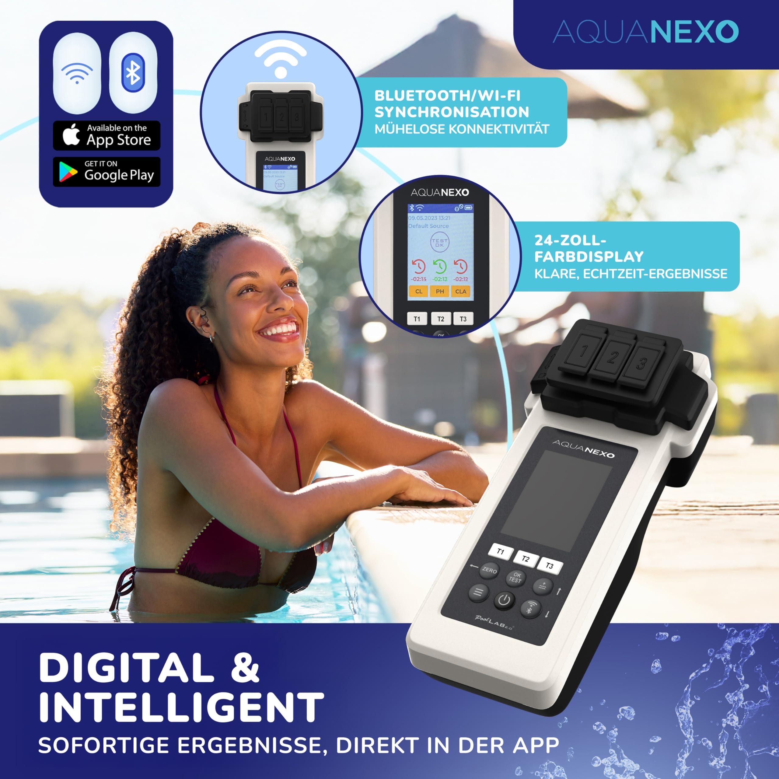 Poollab 2.0 inkl. 240 Testtabletten Chlor und pH-Wert (120x DPD 1 + 120x Phenol Red Tabletten), Pooltester Pool Lab 2.0, Wassertester für Pools, Planschbecken, Whirlpool (ohne Case)