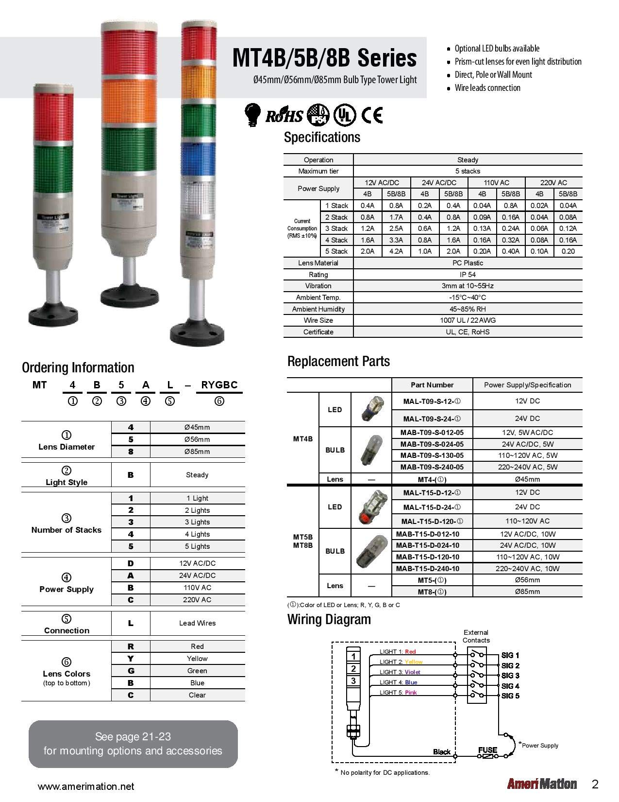 MT4B5DL, Stack Tower Light, 45mm Red/Yellow/Green/Blue/Clear Color 5 Stack, Steady, Pole mounting Beige Body, 25