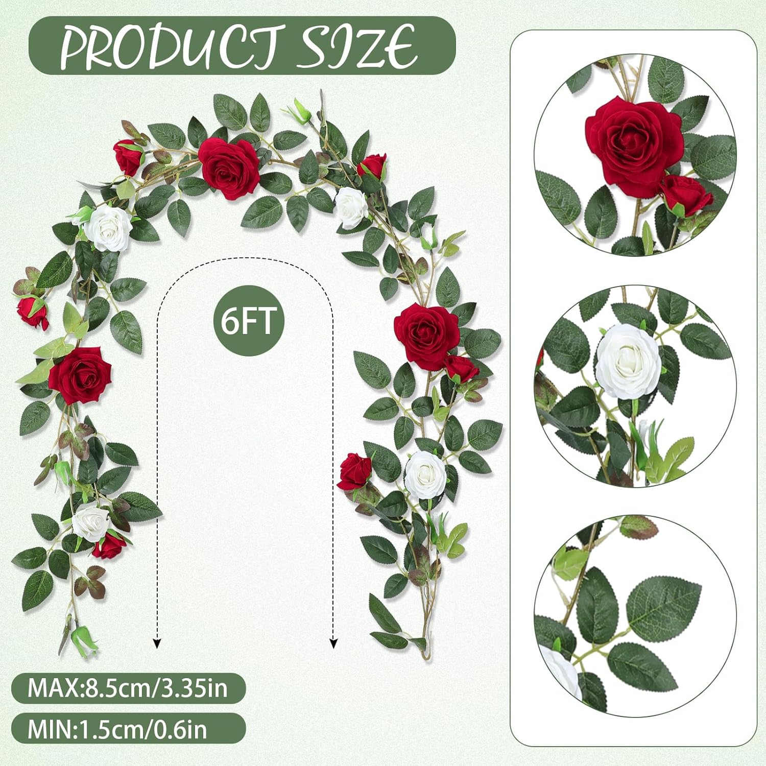 Red and White Rose Vine Artificial Flower Garland Fake Flower 6ft Garland Artificial Silk Floral Hanging for Wedding Party Ceremony Outdoor Decor Pack of One