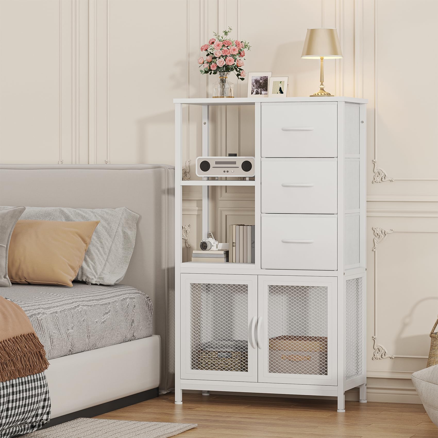 Feonase 3 Drawer Fabric Storage Cabinet with Open Shelves and Double Mesh Doors, Narrow Bedroom Storage Unit with Steel Frame and Wood Top for Hallway, Living Room or Home Office,White