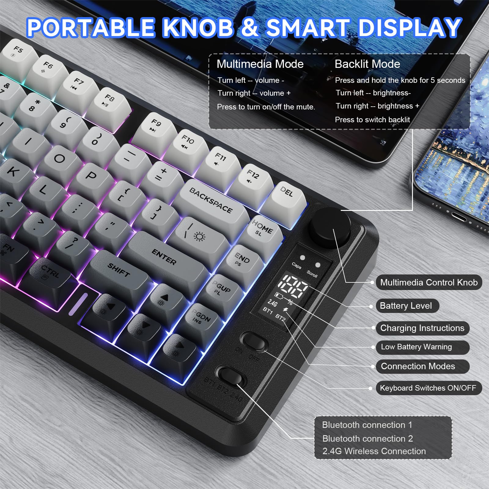 FREEWOLF M75 Tastiera wireless dual-mode, Bluetooth+2.4G, controllo tramite manopola e display, 82 tasti compatti PBT con gradiente, luce arcobaleno,QWERTY, anti-ghosting completo per Mac/Win-Nero