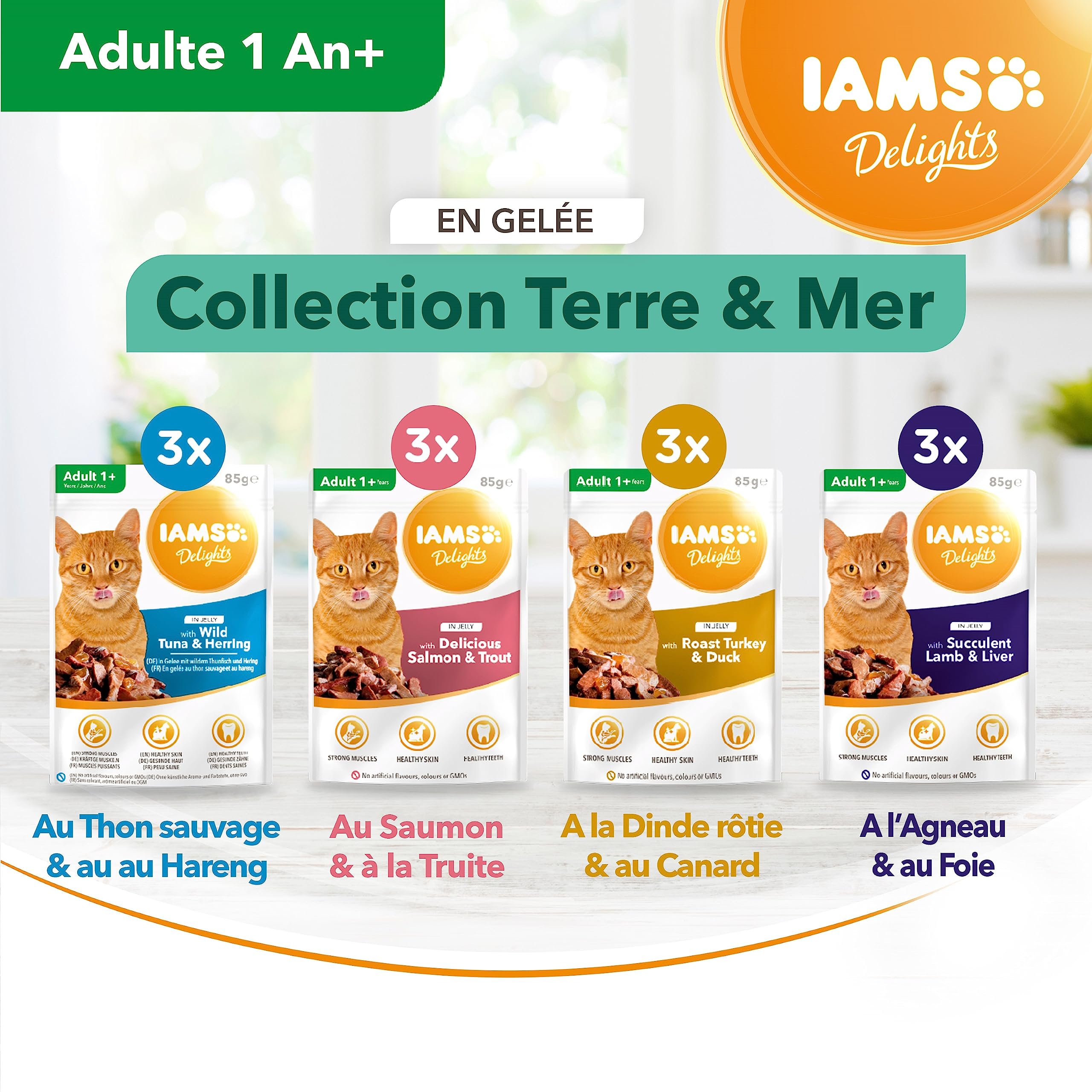 IAMS Chat Adulte Nourriture Humide en gelée Terre&Mer Land&Sea Collection 12 sachets x 85g