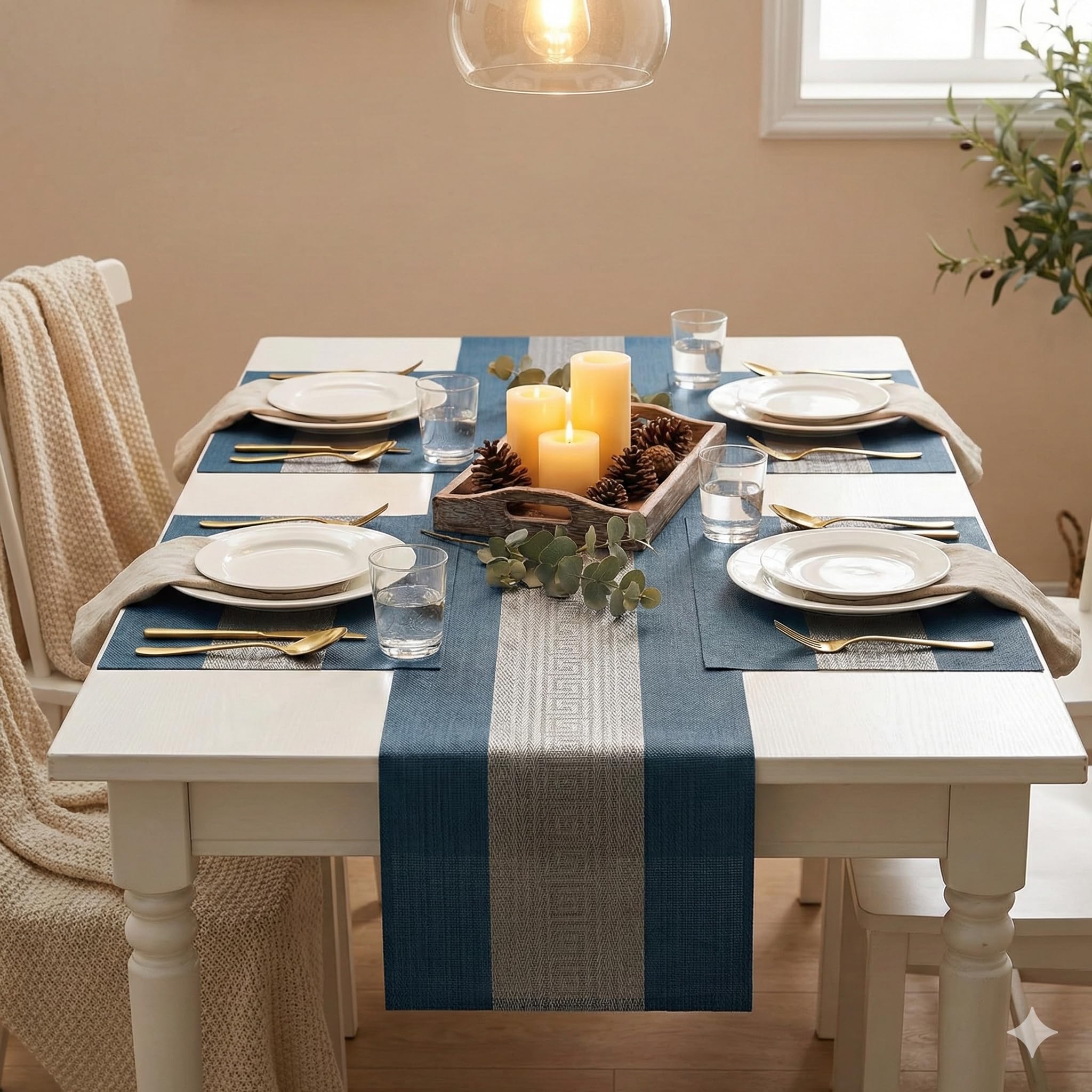 YELONA Placemats and Table Runner Set – Heat Resistant, Non-Slip & Washable PVC Vinyl Dining Table Mats – Midnight Blue (4 Placemats: 45x30 cm, 1 Runner: 180x30 cm)