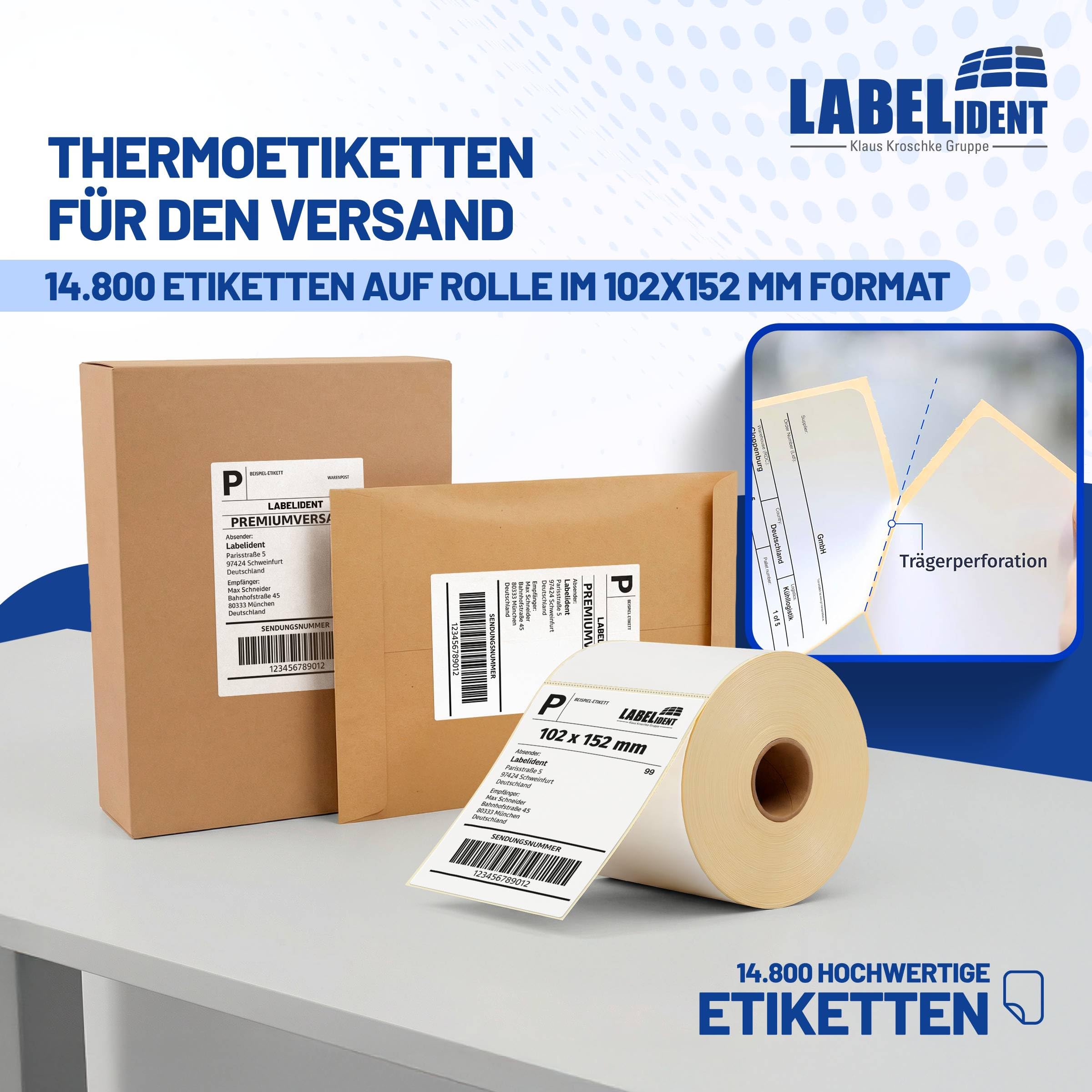 Labelident Versandetiketten 102 x 152 mm - 14.800 Etiketten, 40 Rollen à 370 Thermoetiketten | Stark selbstklebende Thermodirekt-Labels für DHL, DPD, FedEx, GLS, Hermes, UPS, Zebra