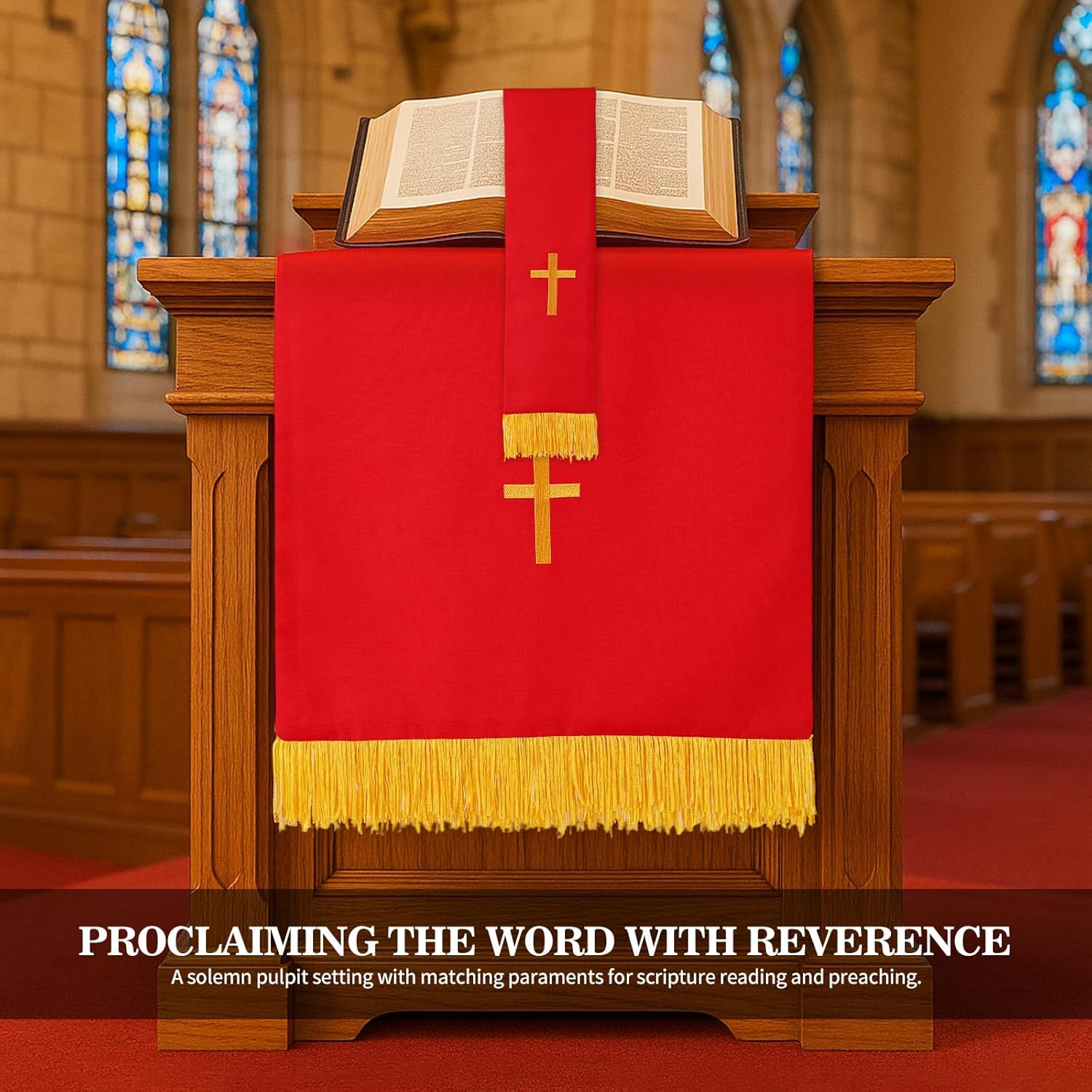 3 Pcs Reversible Parament Set Clergy Table Runner,Bookmark Pulpit Scarf and Gold Cross Church Pulpit Accessories, Catholic Altar Cloth Communion Sets for Churches (Red and White)