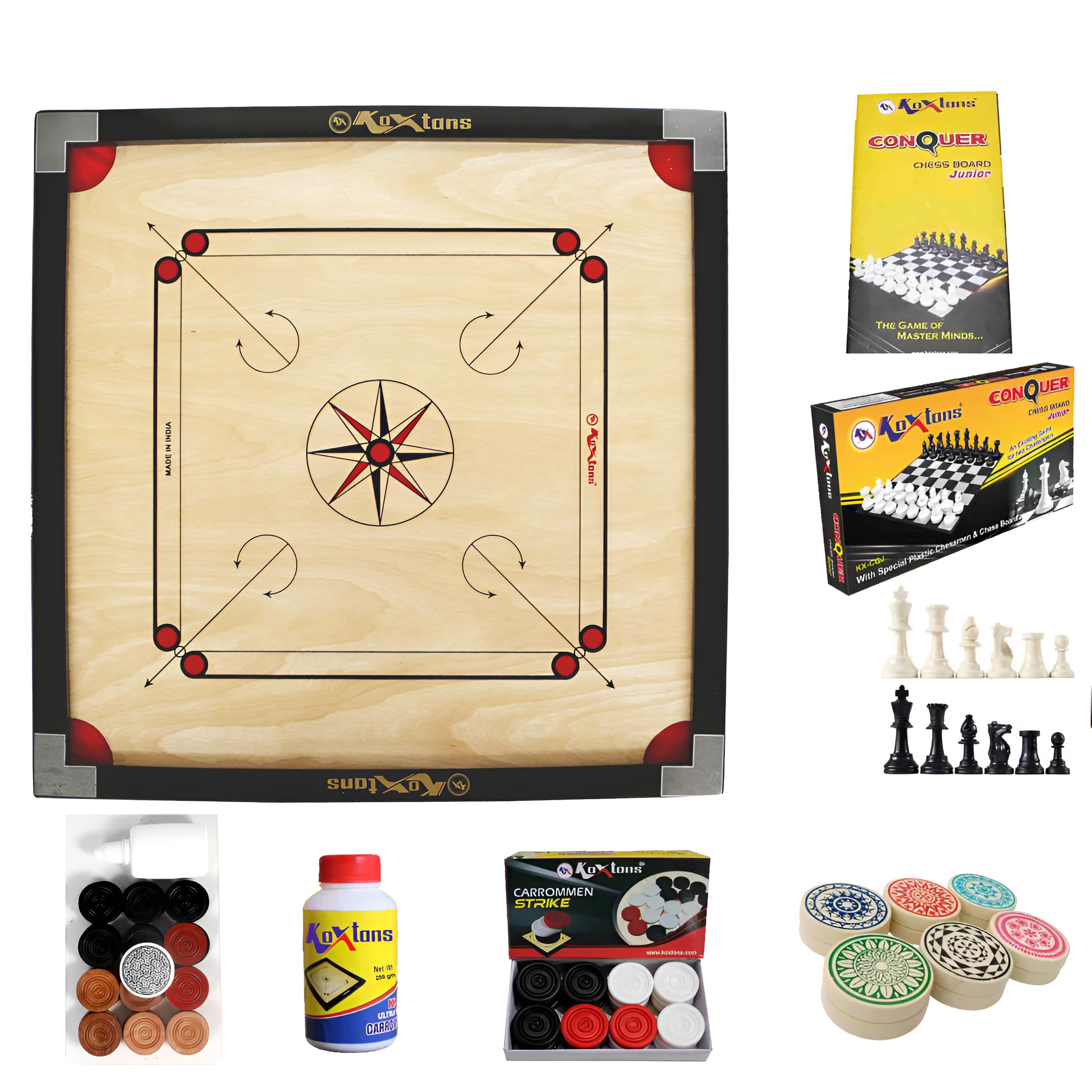 KOXTONS - Carrom Board 32 INCH Full Size Cut Pocket with 1.5" Border & 4 mm Ply (Premium) with STRICKER & Accessories and Vista 11 INCH Chess Conquer Gift Set