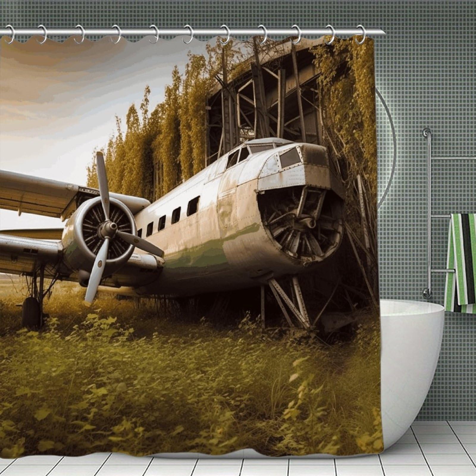 VstaDank Abandoned Plane Shower Curtain 71x71 Heavy Duty Polyester Cloth Bath Curtain with Hooks Thick Waterproof Shower Liner Fun Magic Decorative Bathroom Curtains for Bathtub
