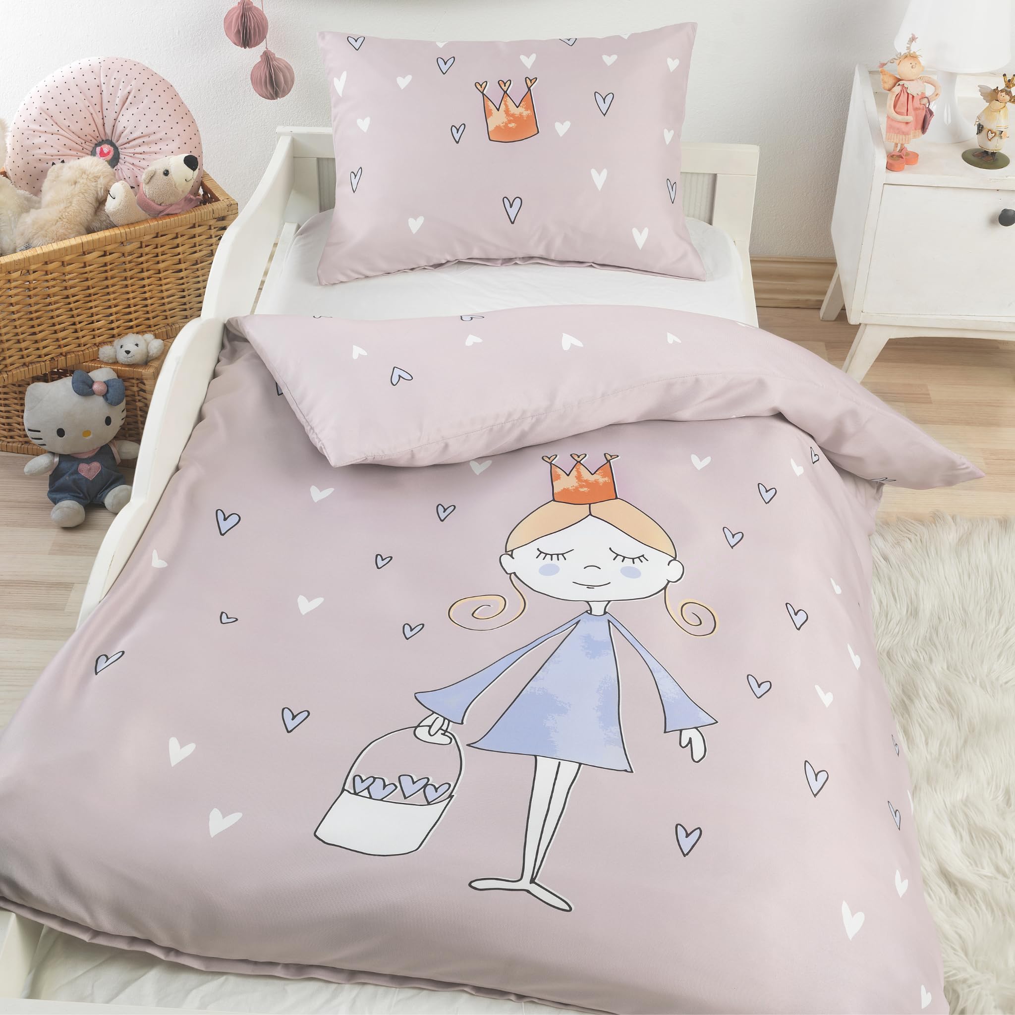 BaSaTex Kinder Baby Bettwäsche Set für Mädchen und Jungen | 100x135 cm + 40x60 cm | 100% Baumwolle Renforcé | Reißverschluss | Princess