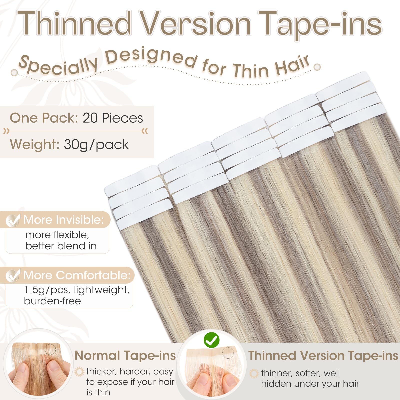 Elailite Tape in Hair Extensions Real Human Hair 20 Pcs 30g Invisible Thin Type - Image 2