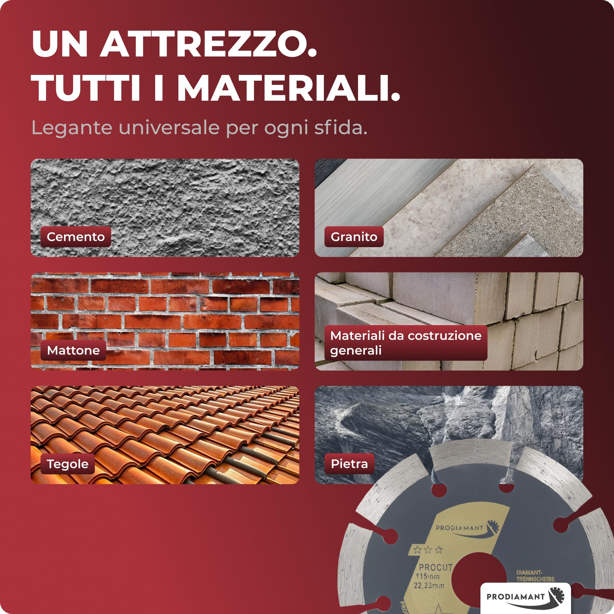 PRODIAMANT Disco Diamantato Universale 115 mm x 22,23 mm - segmento 10 mm, cemento, pietra, mattoni, adatto a smerigliatrice angolare