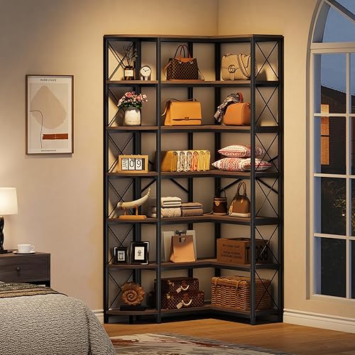 Miniatura 4 de Estantería esquinera reversible de 7 estantes, estantería alta industrial moderna, estante de almacenamiento grande en forma de L de 7 niveles con