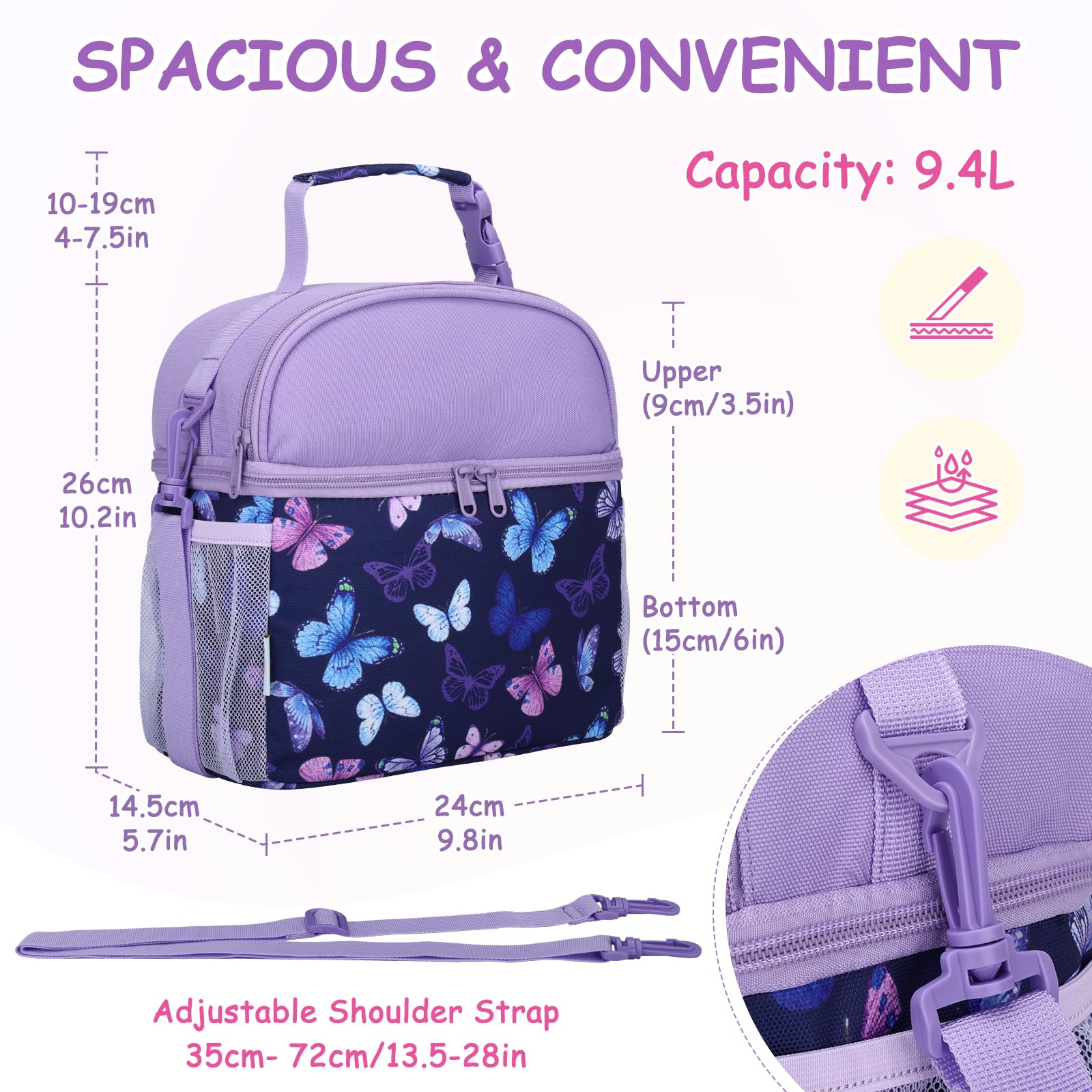 VASCHY Lunch Box Bag for Kids, Insulated Double Compartments Cooler Lunch Tote for Toddlers Girls School/Daycare/Picnic Purple Butterfly