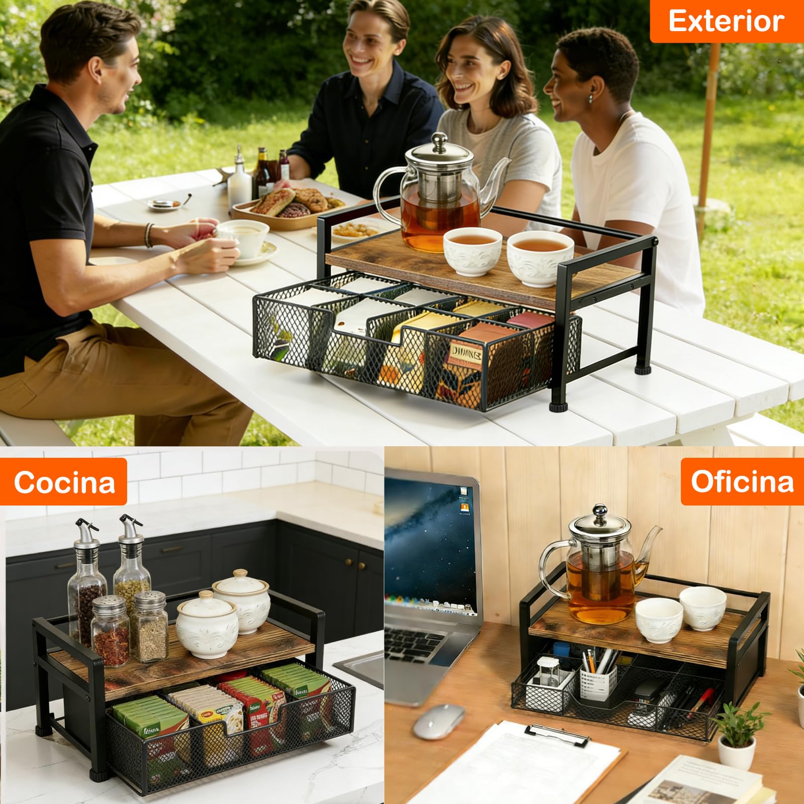 Caja de Té Infusiones con 8 Compartimentos, Organizador de Té de Madera y Metal con Cajón, Caja de Almacenamiento Elegante para Té, Café, Especias, Encimera de Cocina, Porta Accesorios de Té