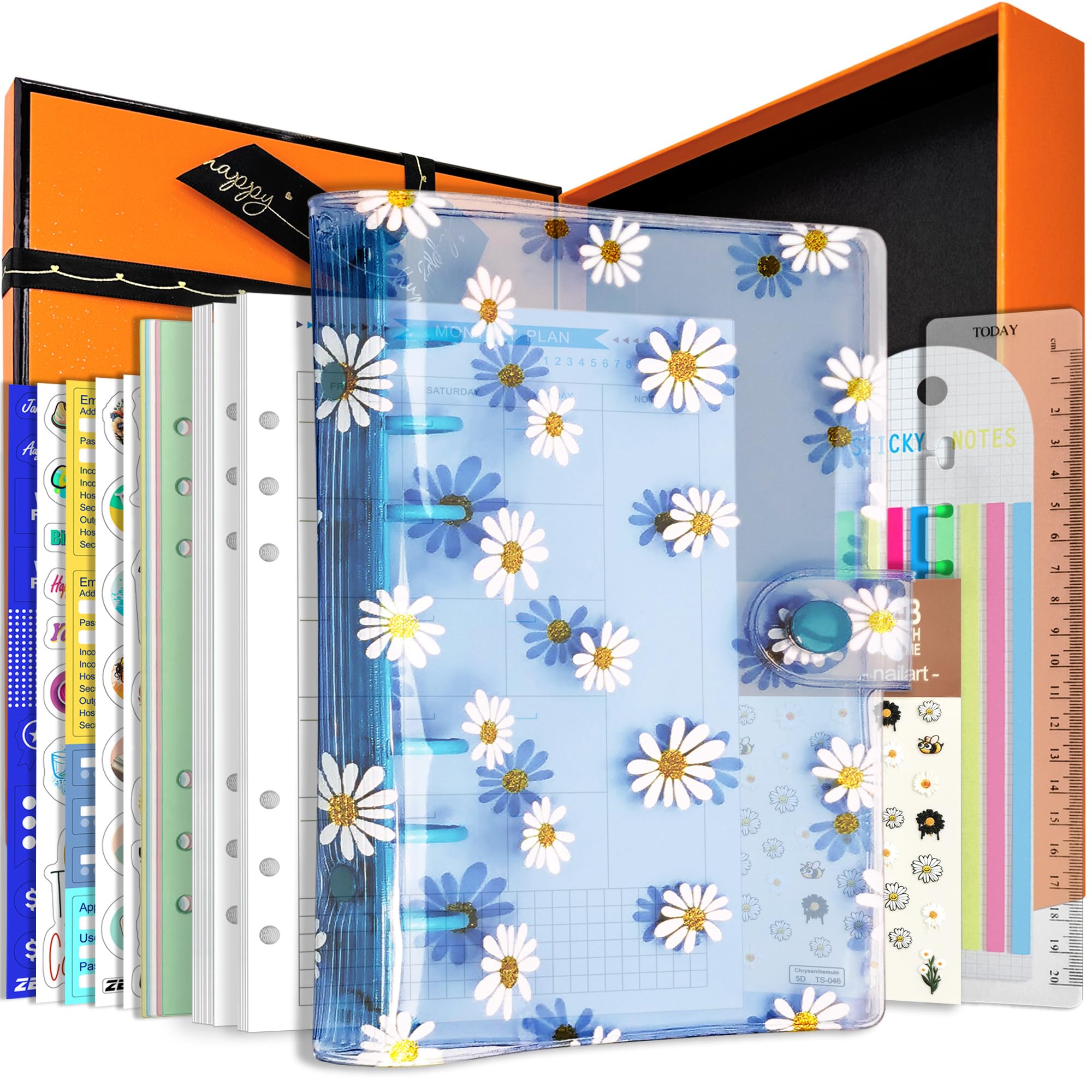 A6 A5 6-Holes Colorful PVC Cover Round Ring View Binder with Snap Button Closure File Folder (Blue Daisy, A5 Gift Box)