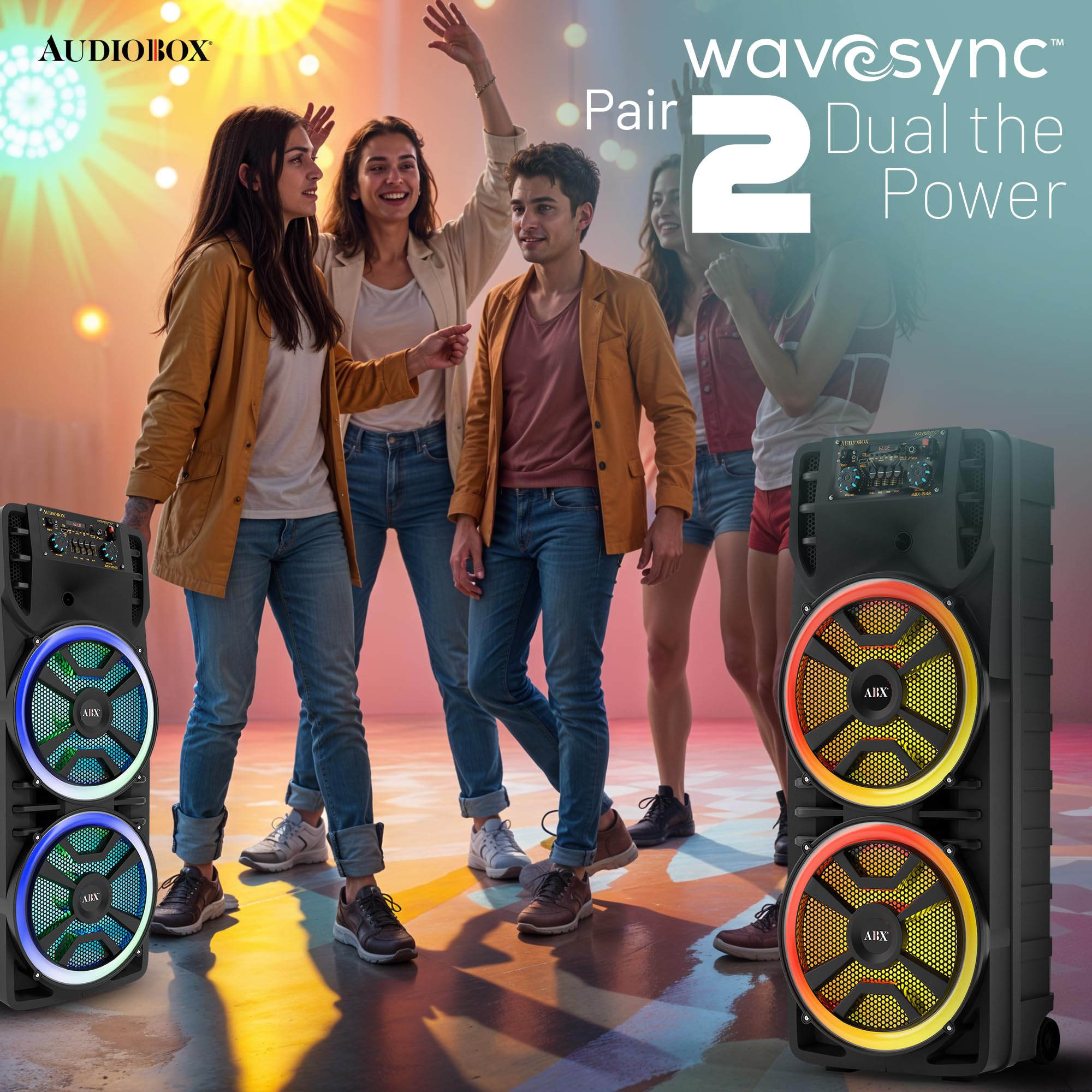 Audiobox ABX-214R Dual 30,5 cm tragbarer Bluetooth-Lautsprecher, leicht, aber laut mit BASS, RGB-Partylichtern, kabellosem Mikrofon, Lautstärke, Höhen und Bassreglern, 94 cm hoch
