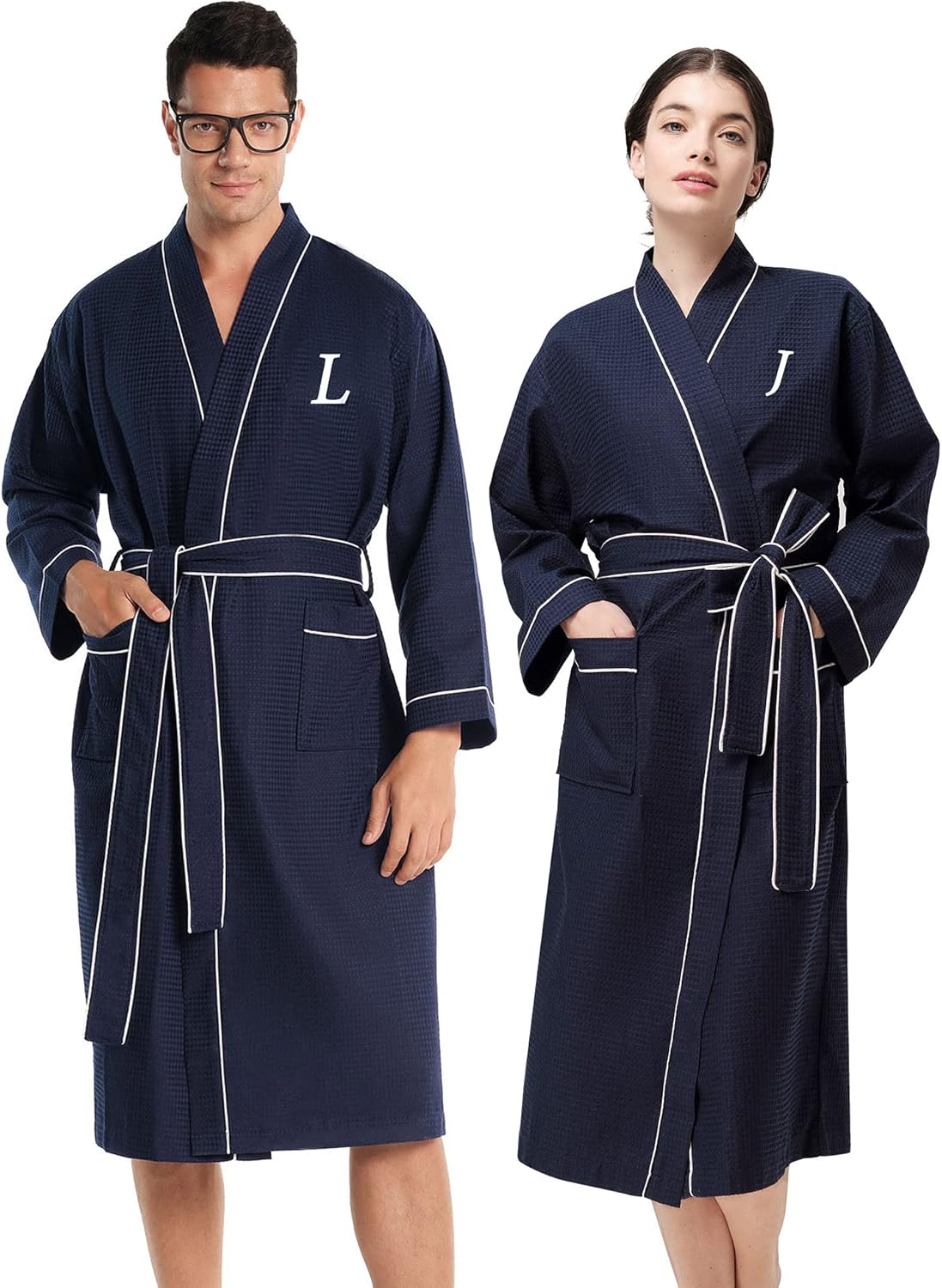 AW BRIDAL Customized Navy Waffle Dressing Gown Cotton Bathrobe Spa Robes Unisex Kimono Robe Set