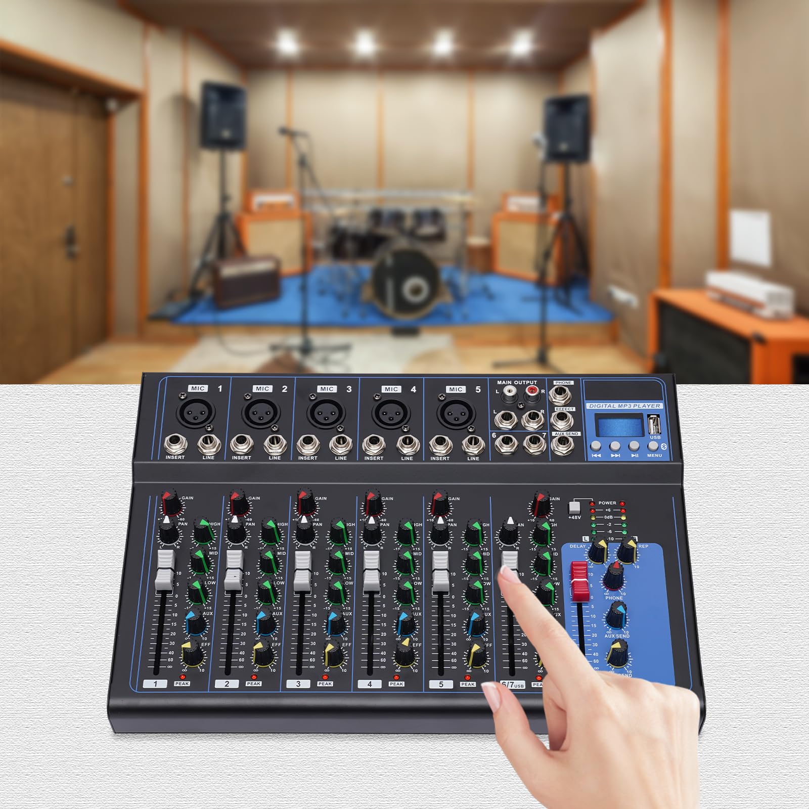 Consola de mezclas de audio de 7 canales, amplificador USB DJ Live Mixer Studio Bluetooth para reuniones familiares, karaoke, actividades de DJ, espectáculos de banda, actividades en campus, estudios