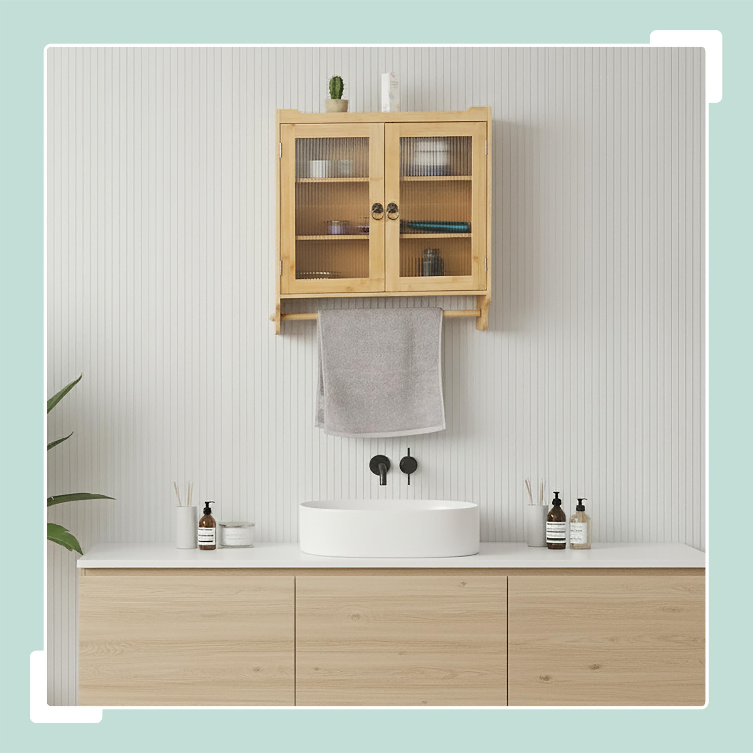 Armoire Suspendue Relaxdays en Bambou avec Porte-Serviettes, 2 Portes, HBT : 63 x 60 x 18 cm, Murale, Naturelle