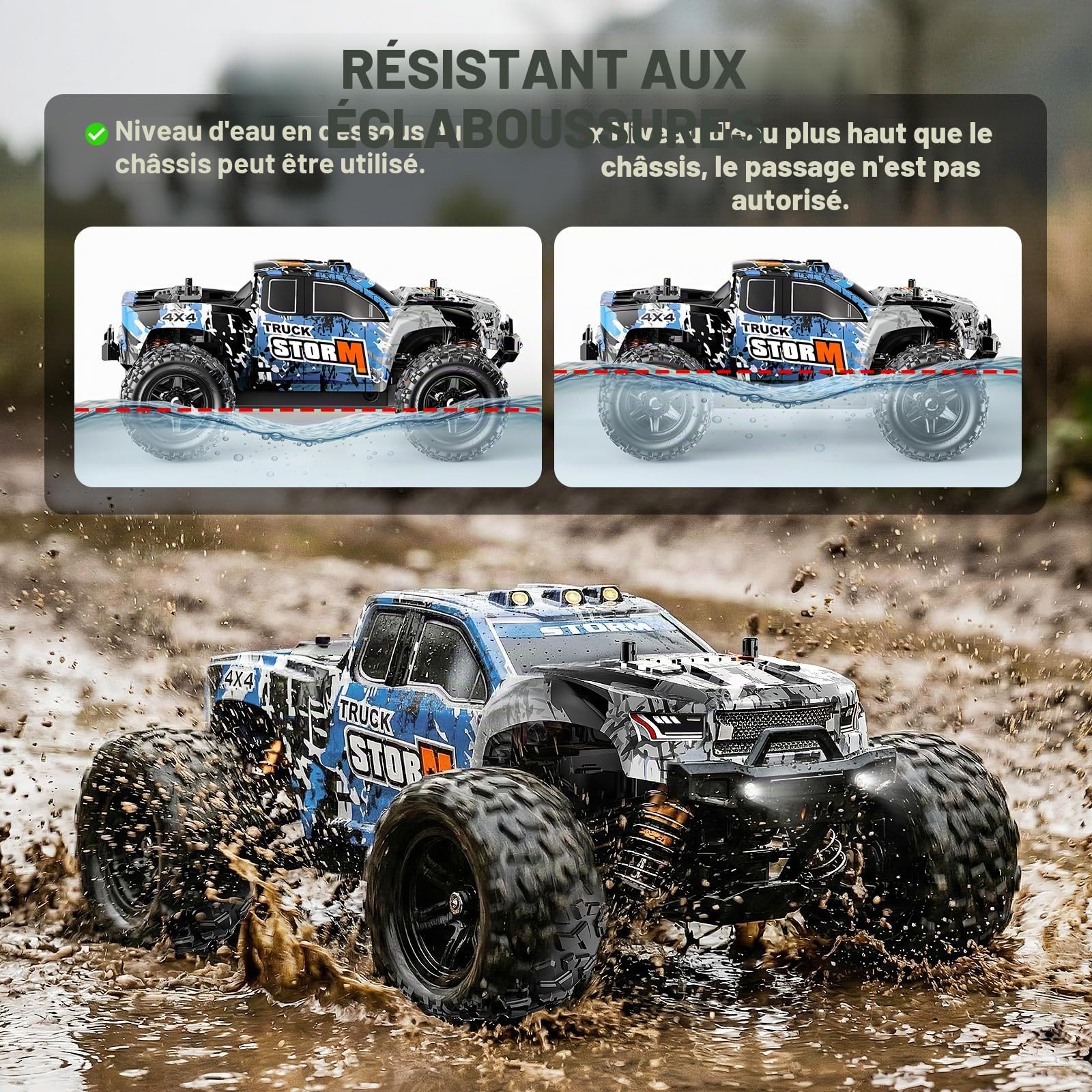 Voiture télécommandée Adulte & dès 8 Ans Tout Terrain 4x4 1:18 – Monster Truck RC 36 km/h, Voiture radiocommandée extérieur/Plein air, Transmission métal & cardans CVD, Splash-Proof, 2 Batteries