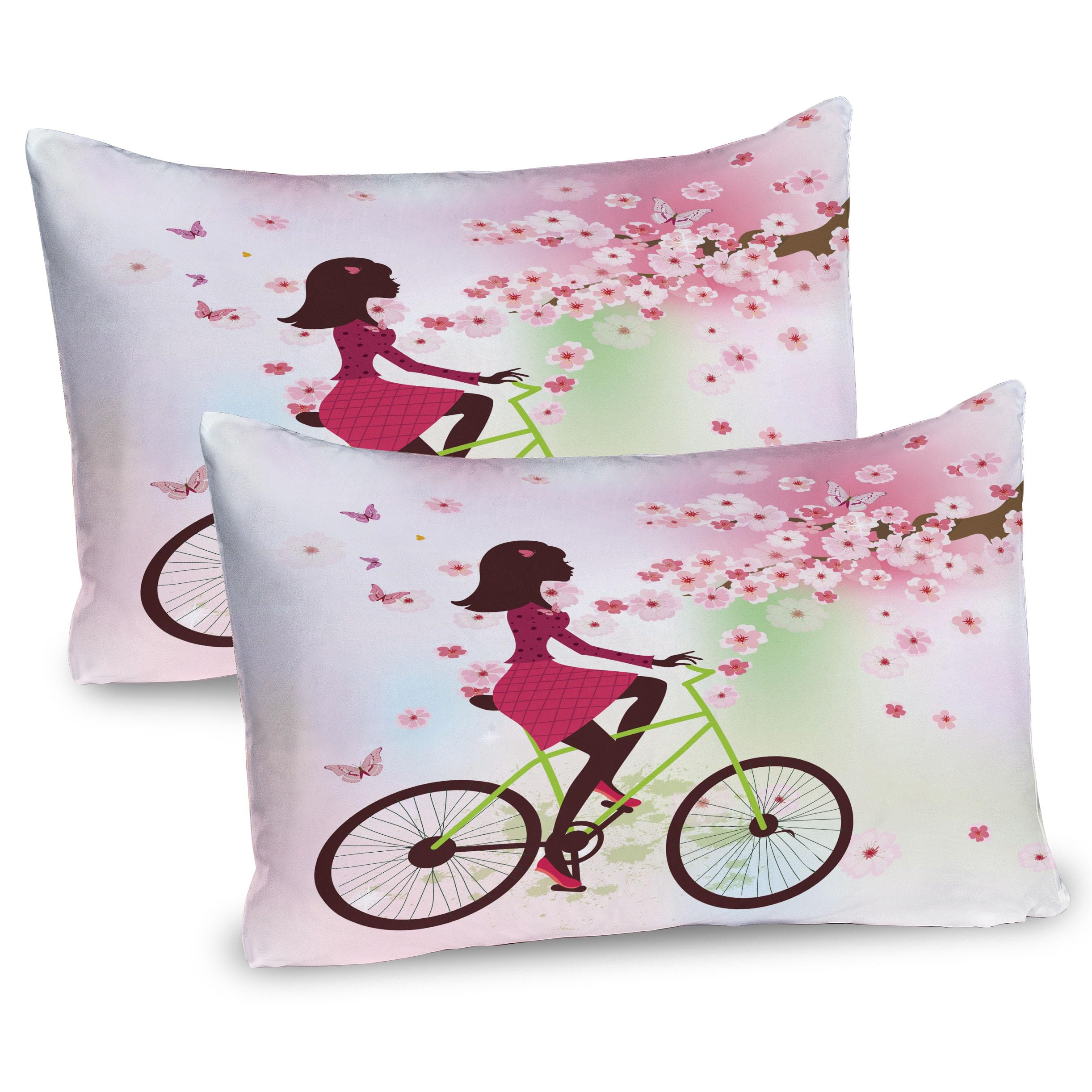Ambesonne Feminine Pillow Sham Set of 2, Girl on Bike Passing by Cherry Trees Blooms Spring Nature Seasonal Illustration, Quality Microfiber Bedding Item for All Seasons, 30